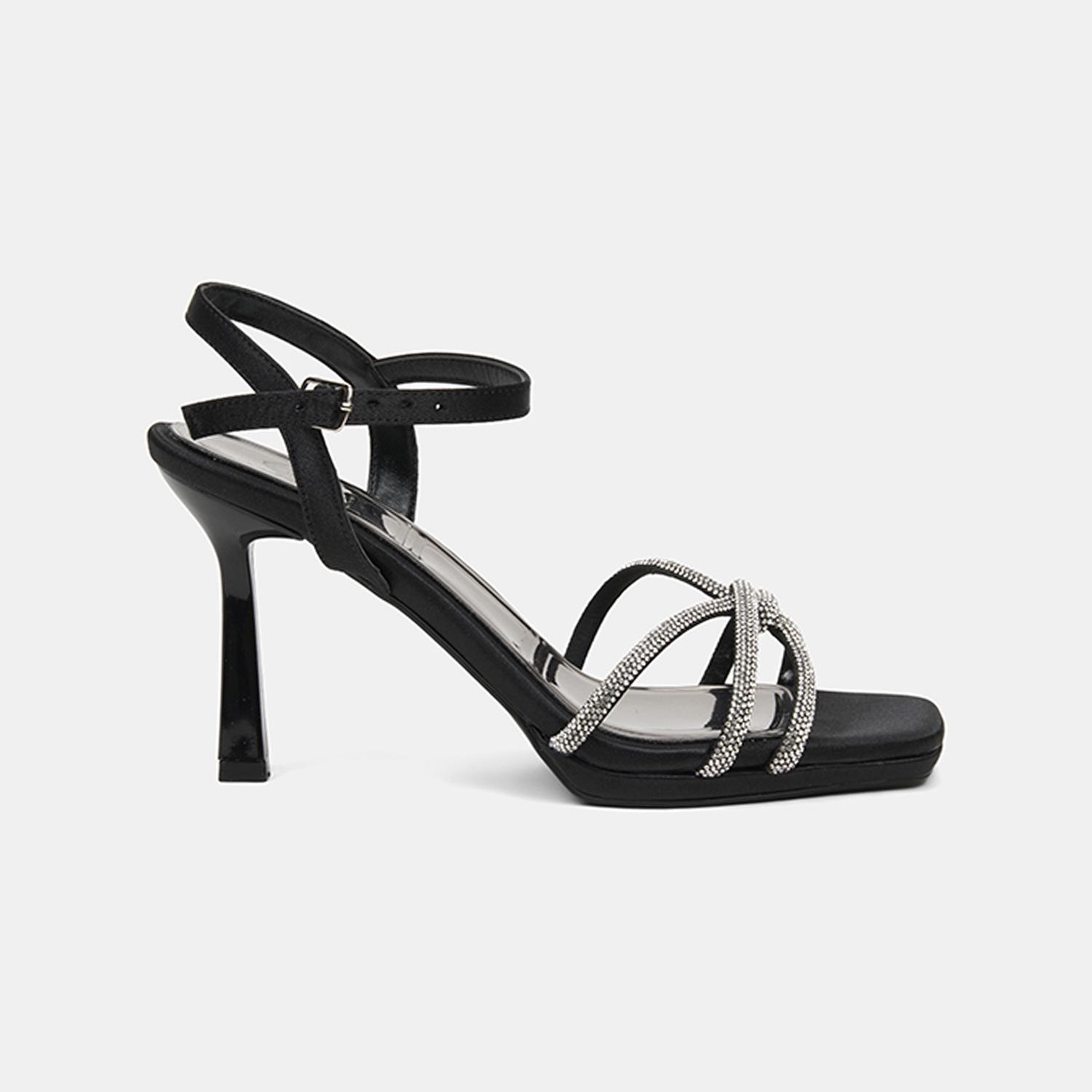 Kadın Siyah Taşlı Ayarlanabilir Tokalı Topuklu Abiye Sandalet