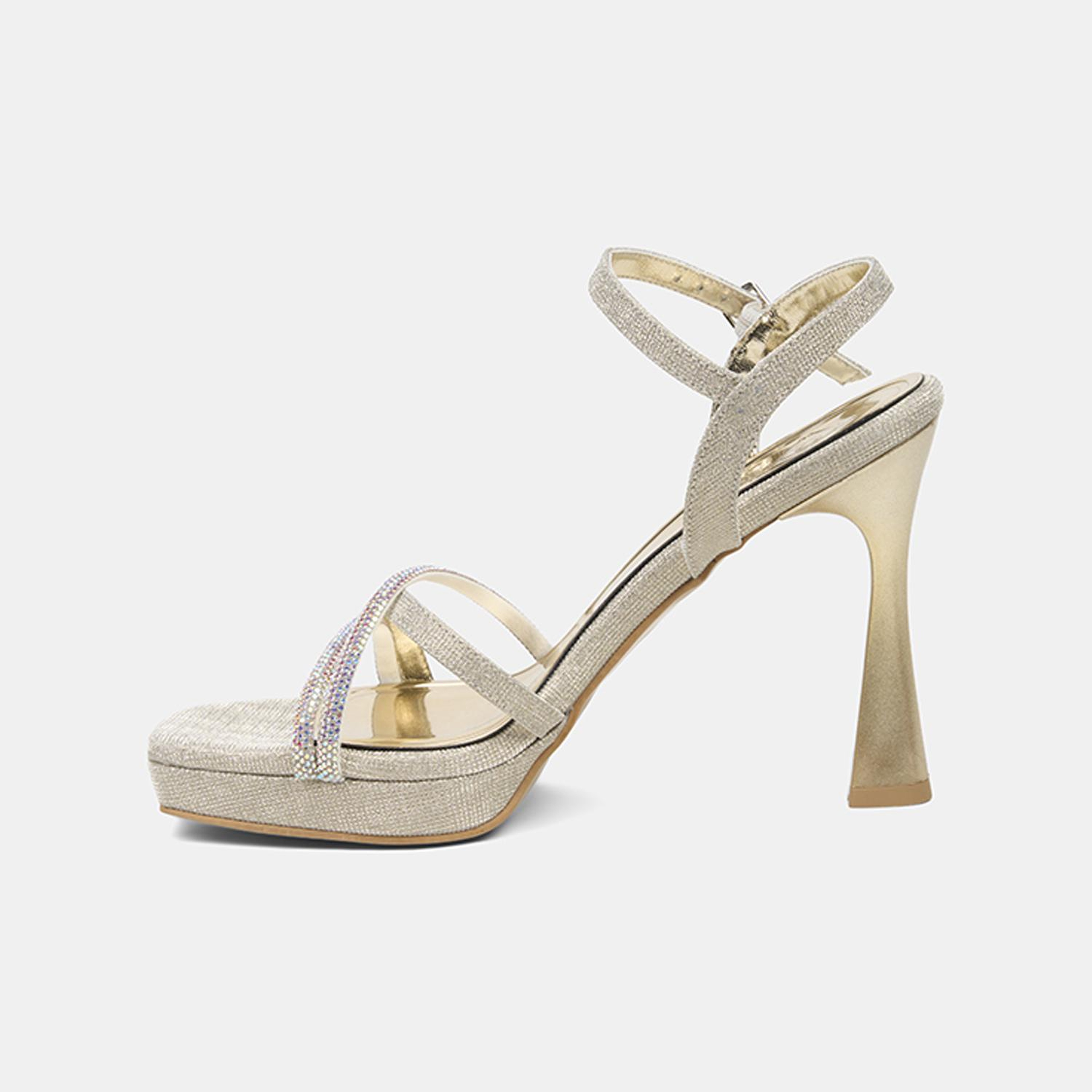 Kadın Gold Taşlı Ayarlanabilir Tokalı Topuklu Abiye Sandalet