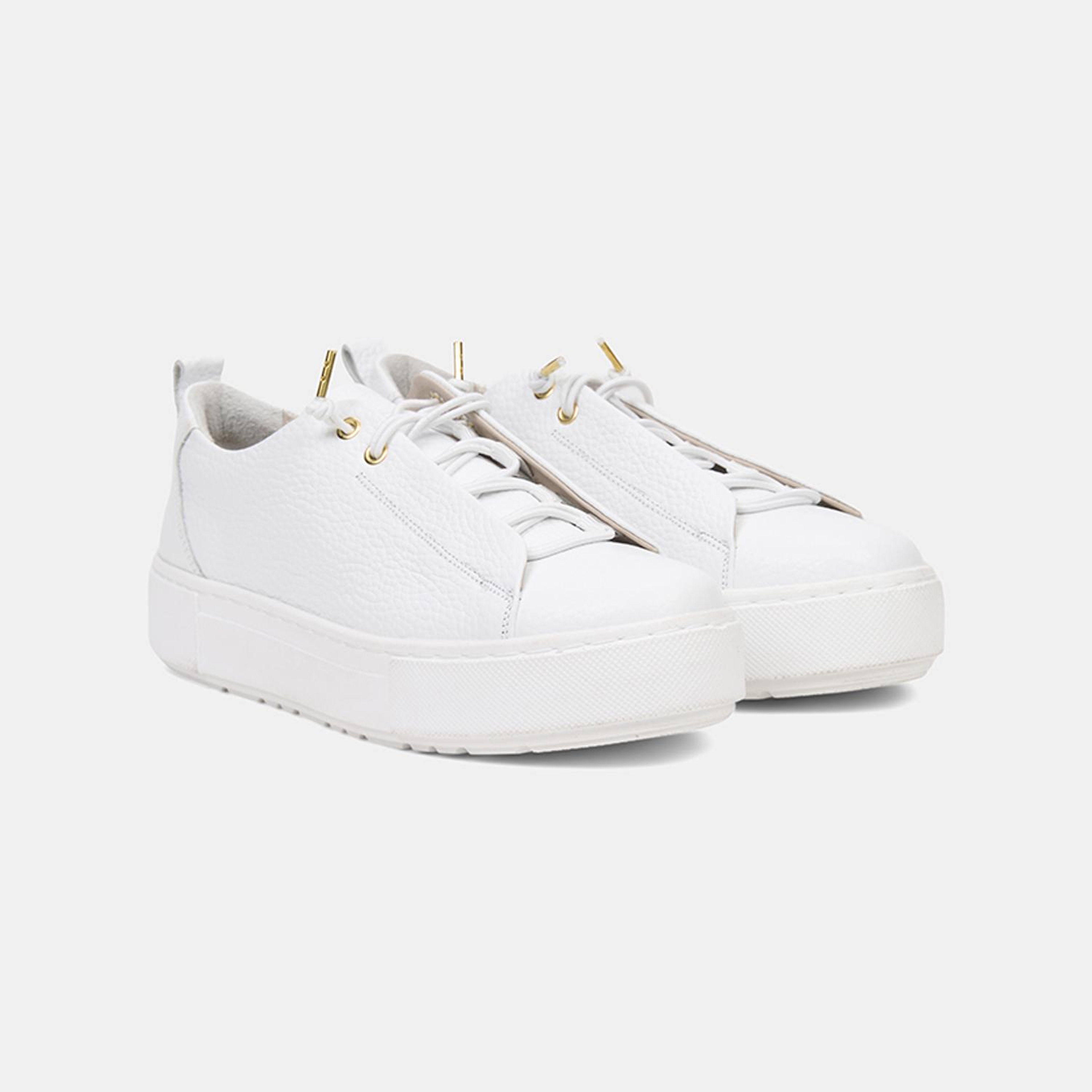 Kadın Beyaz Lastik Bağcıklı Kalın Tabanlı Deri Spor Ayakkabı