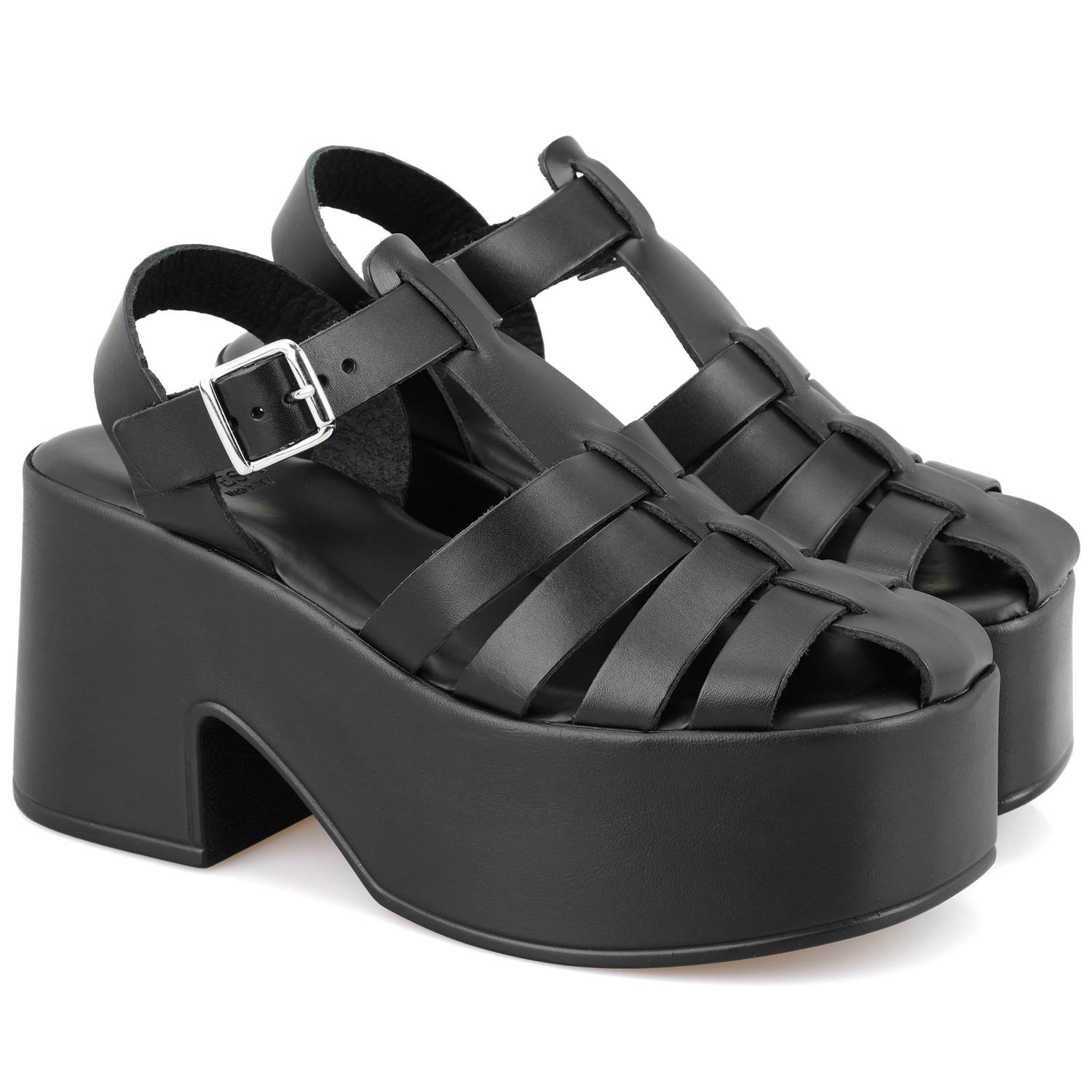 Kadın Siyah Dolgu Topuklu Deri Sandalet