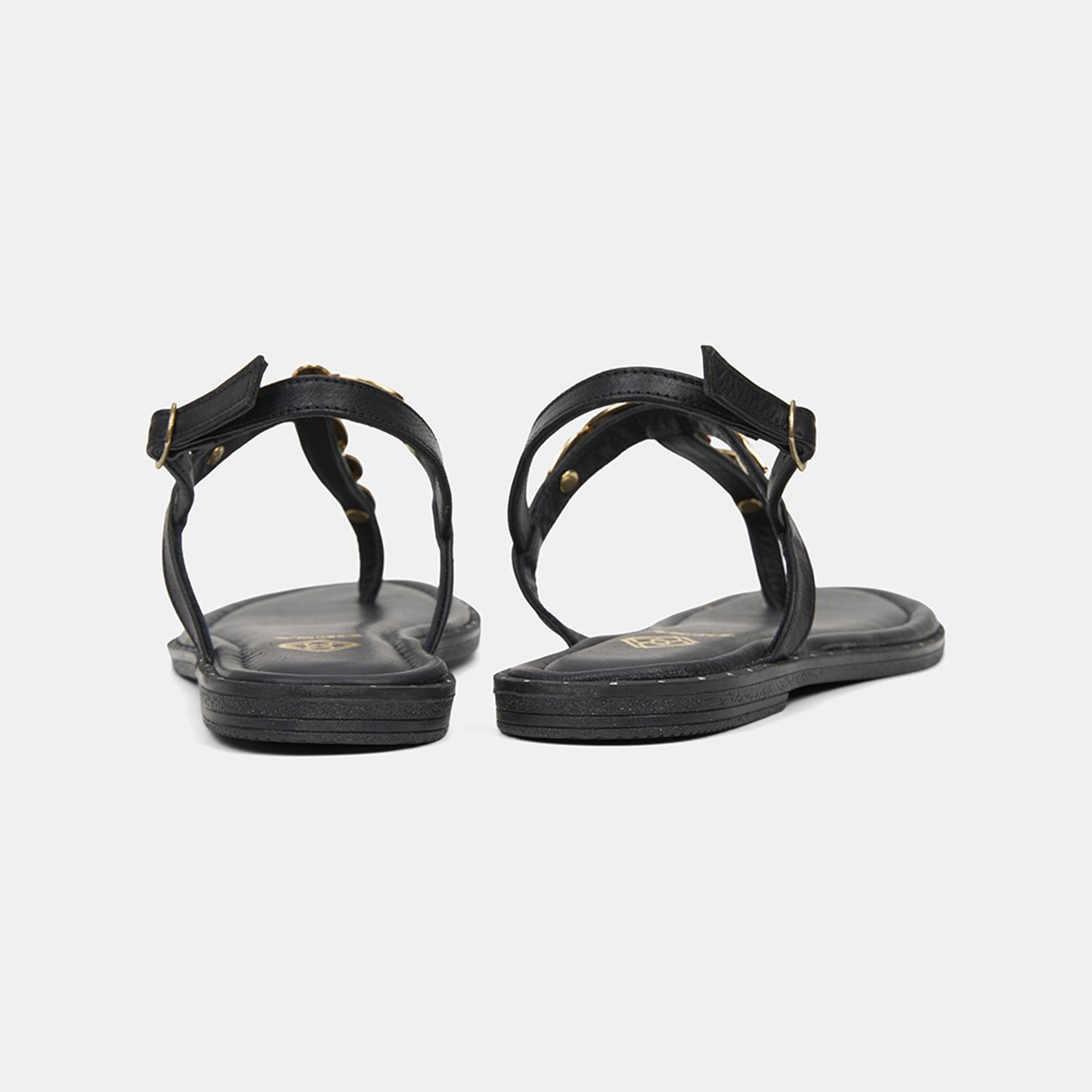 Kadın Siyah Gold Toka Aksesuarlı Parmak Arası Deri Sandalet