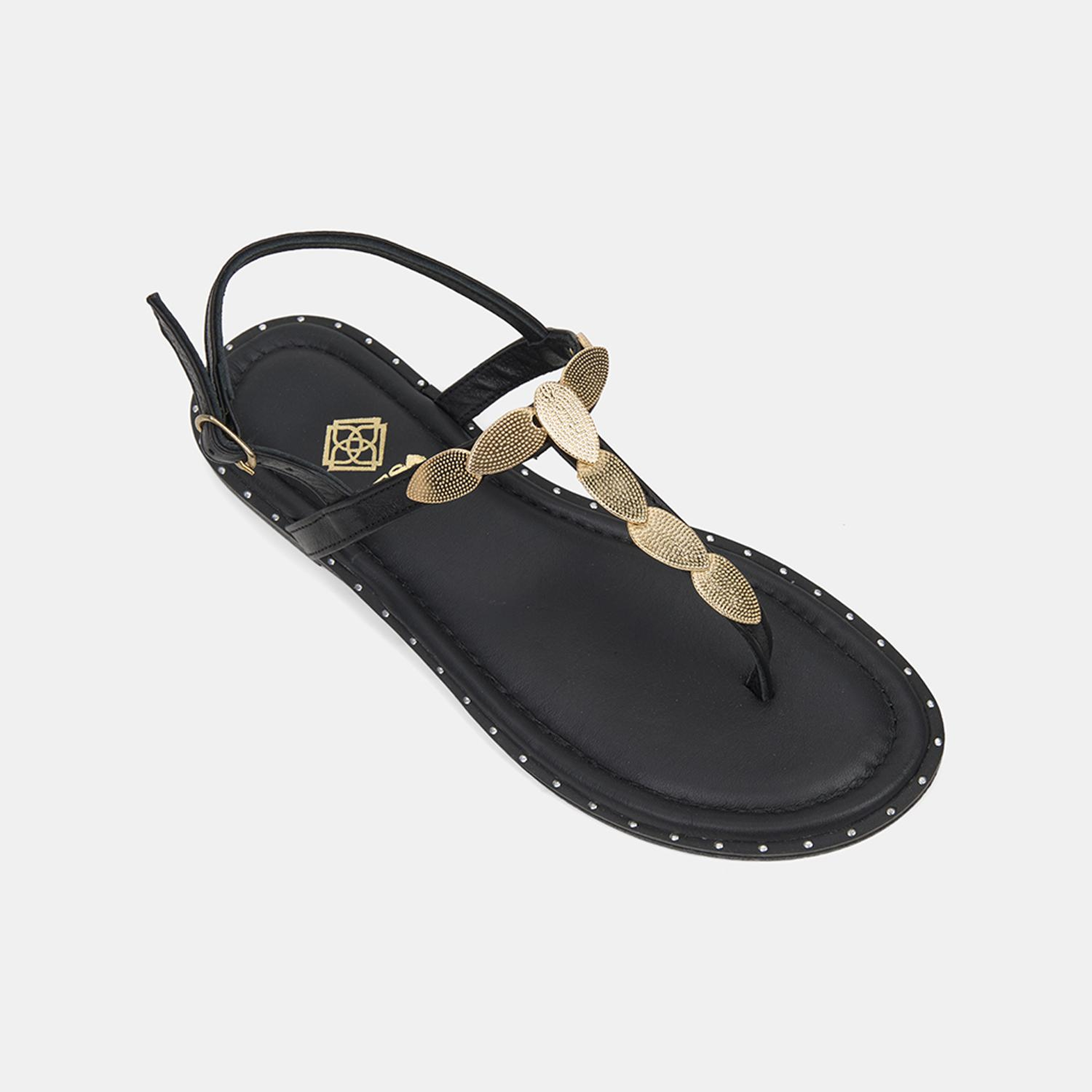 Kadın Siyah Gold Toka Aksesuarlı Parmak Arası Deri Sandalet