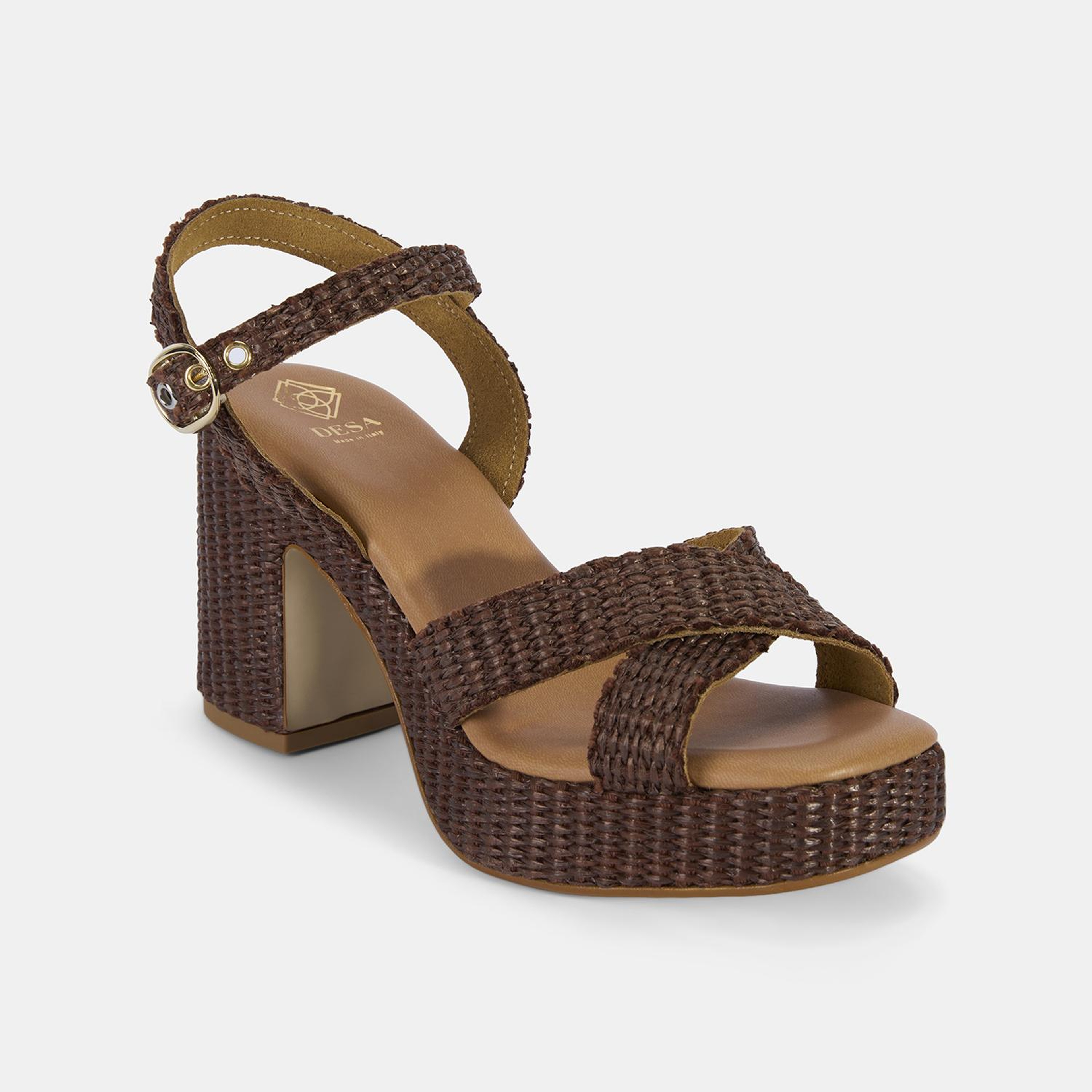 Kadın Kahve Ayarlanabilir Tokalı Hasır Topuklu Sandalet