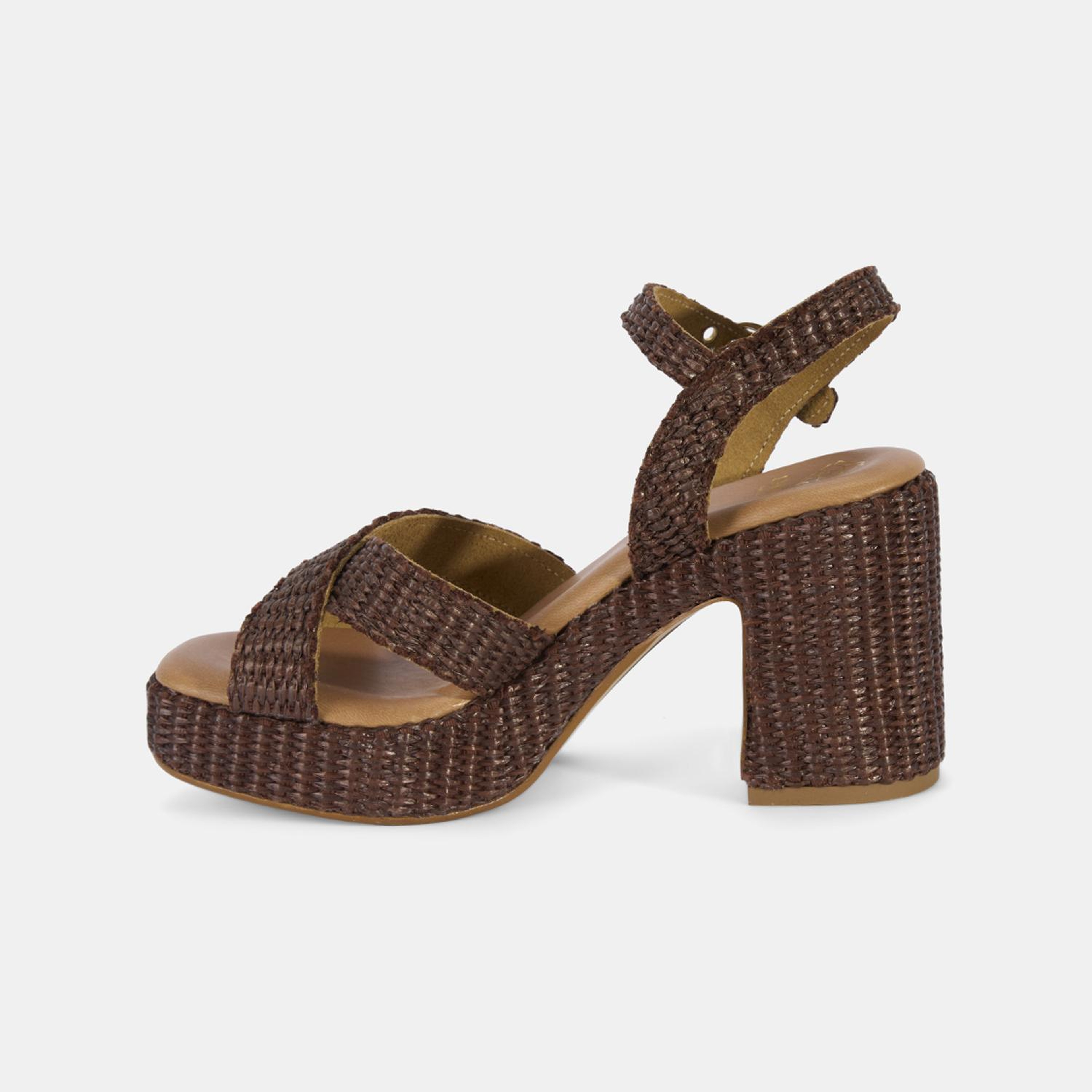 Kadın Kahve Ayarlanabilir Tokalı Hasır Topuklu Sandalet