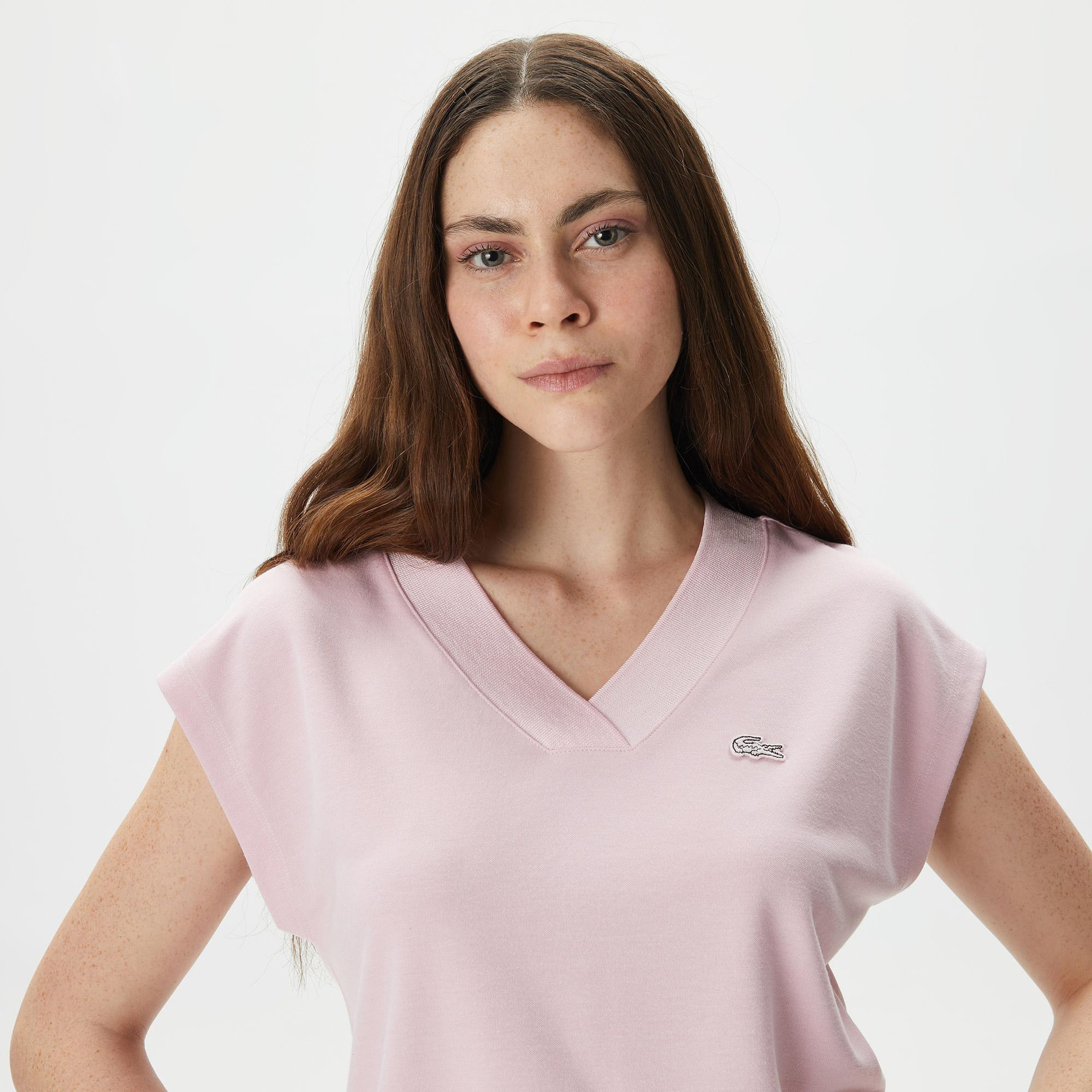 Lacoste Kadın Slim Fit V Yaka Açık Pembe T-Shirt