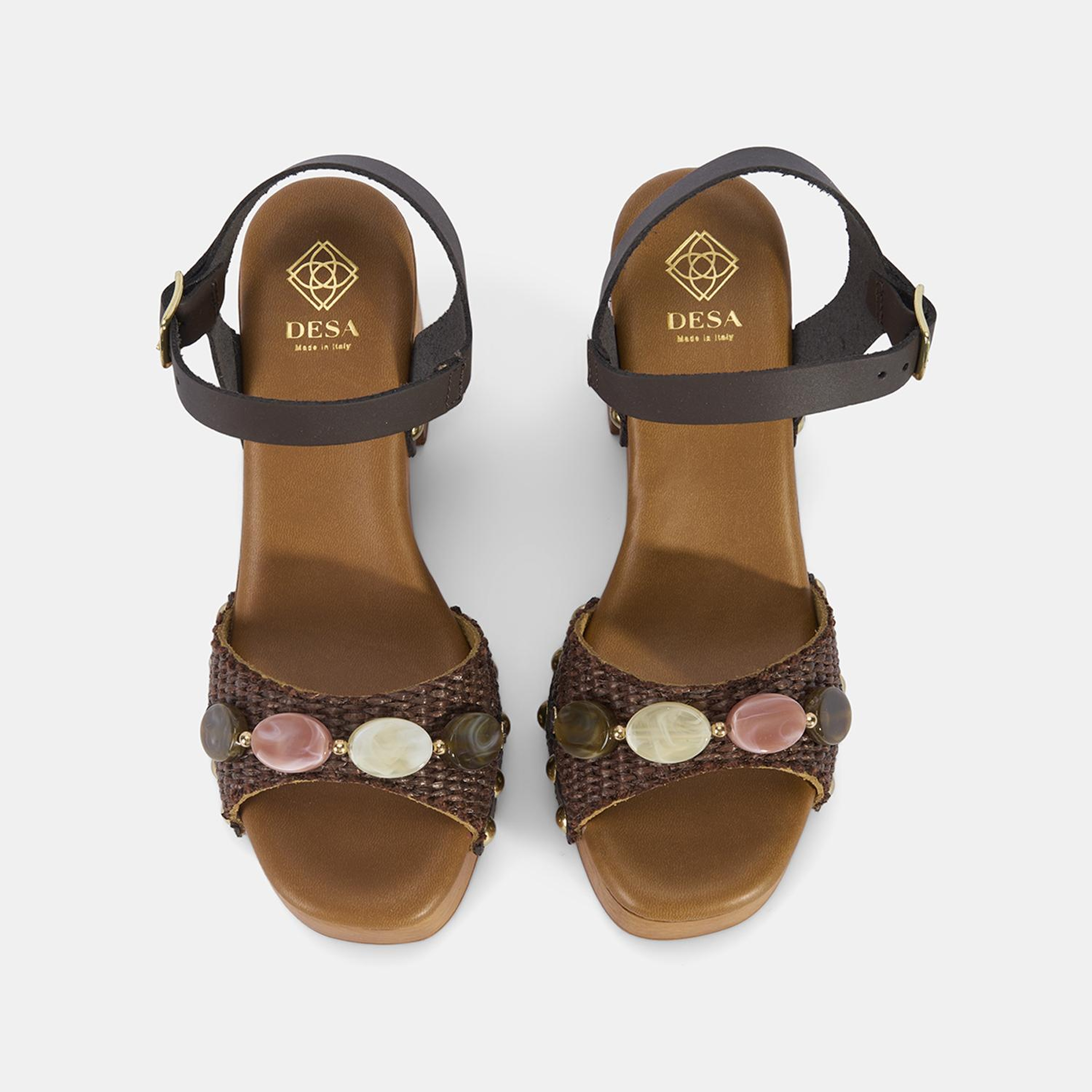 Kadın Kahve Renkli Taş Detaylı Topuklu Hasır Sandalet