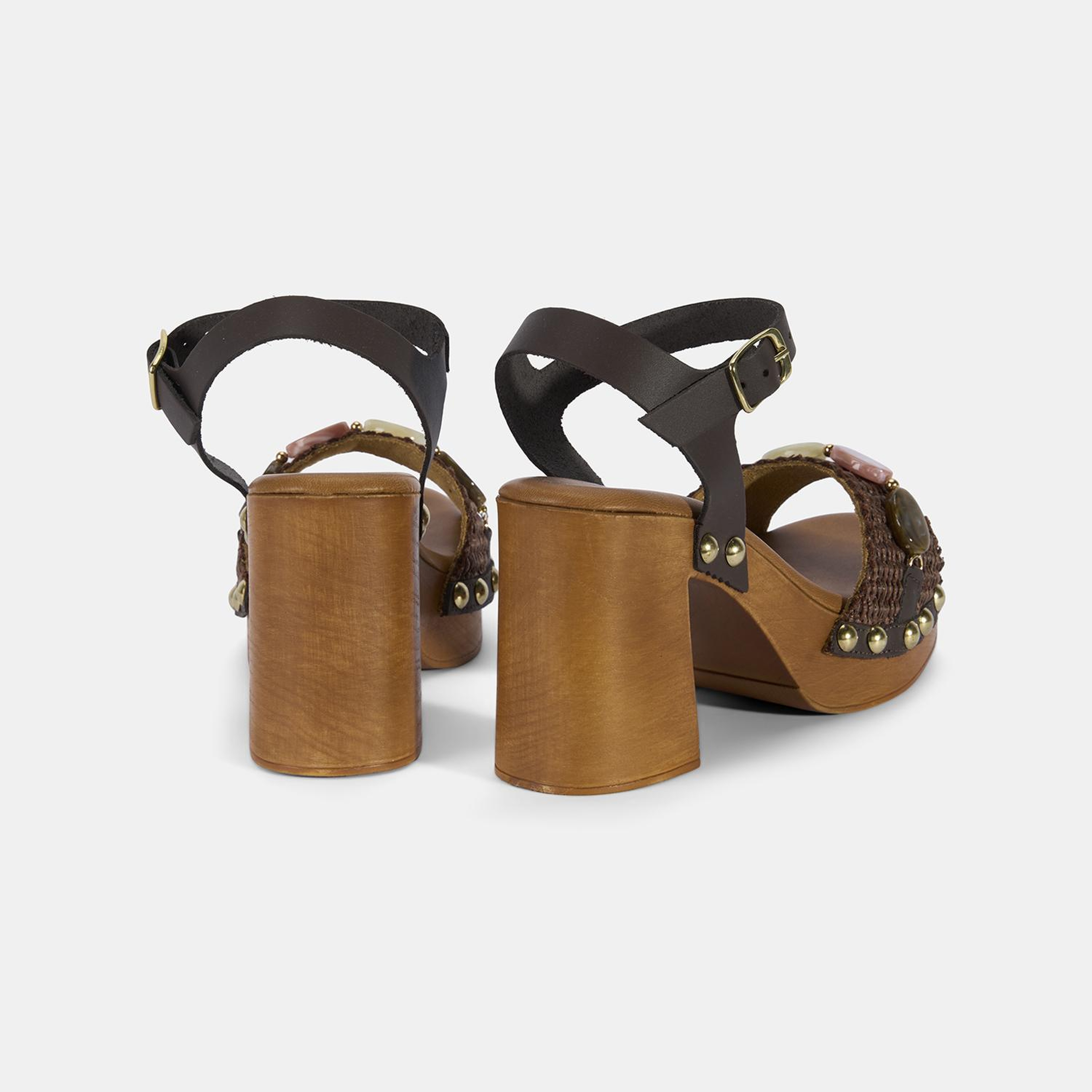 Kadın Kahve Renkli Taş Detaylı Topuklu Hasır Sandalet