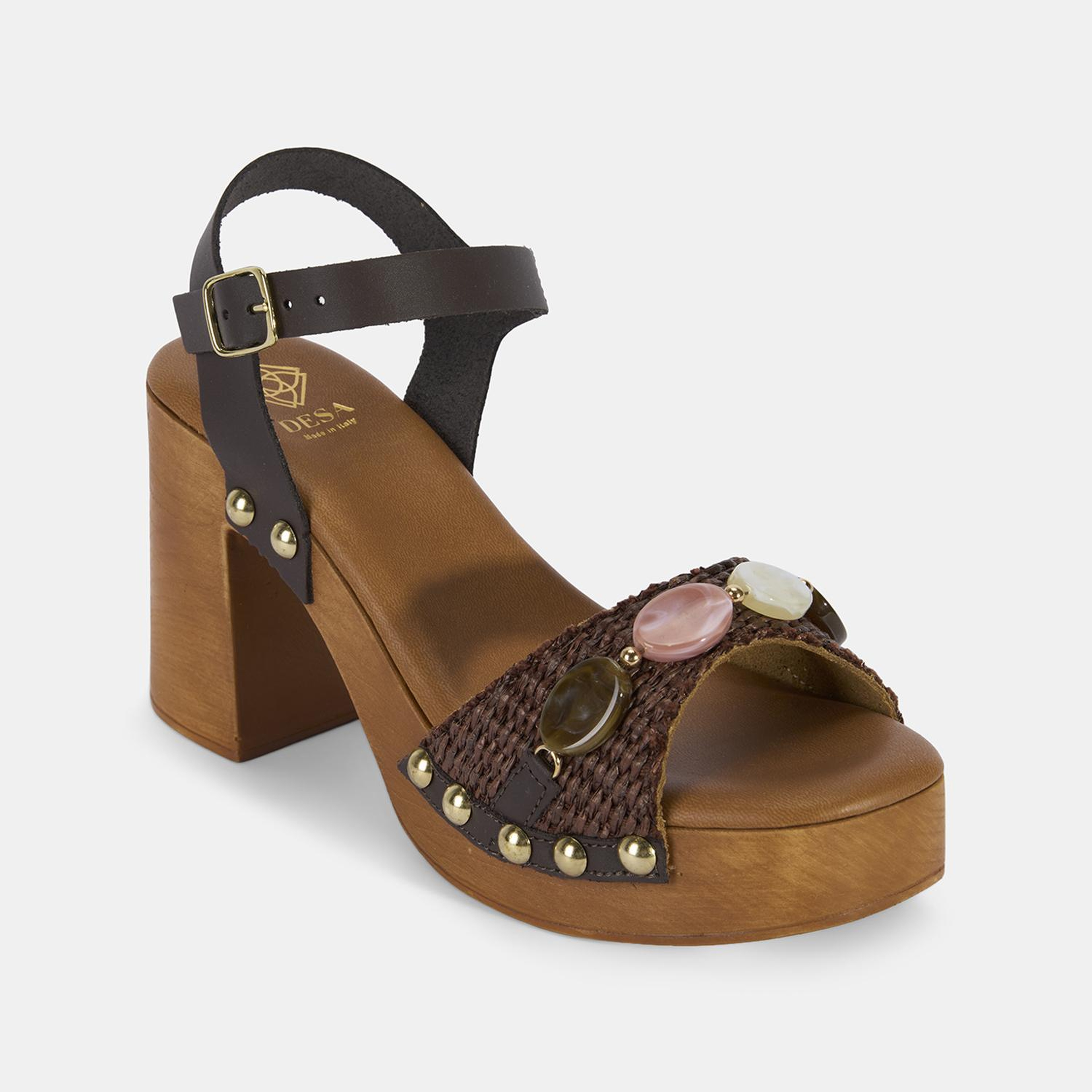 Kadın Kahve Renkli Taş Detaylı Topuklu Hasır Sandalet