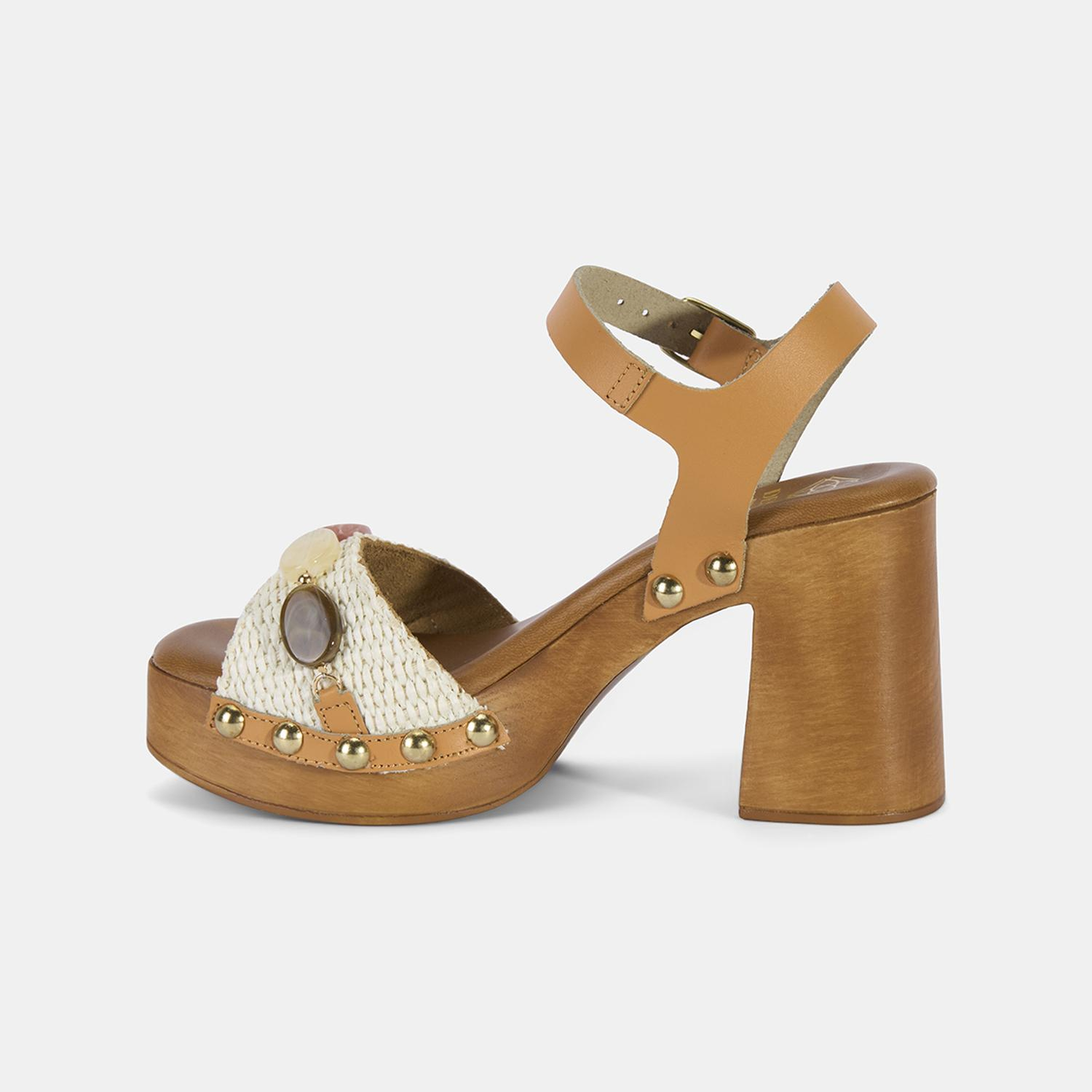 Kadın Beyaz Renkli Taş Detaylı Topuklu Hasır Sandalet