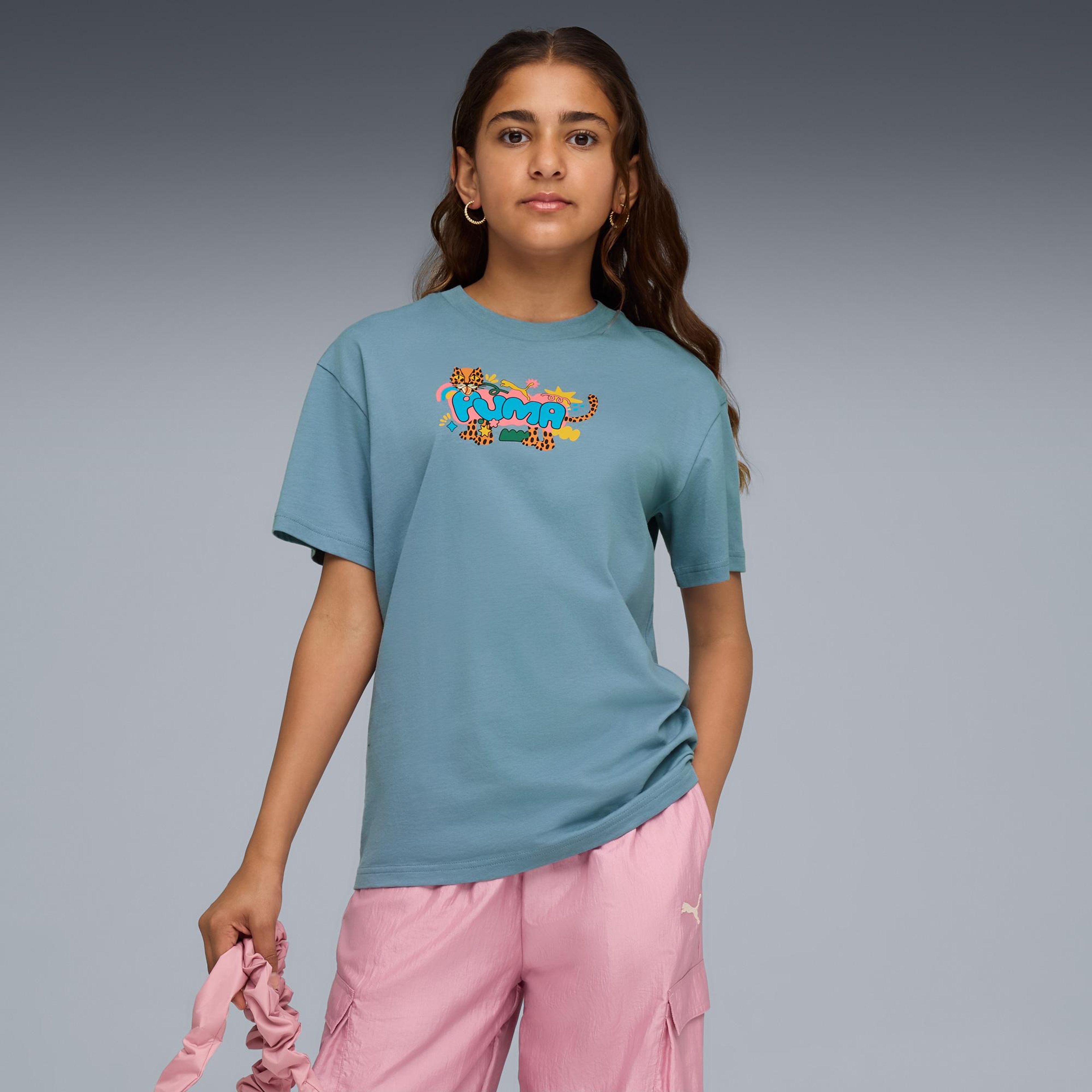 Puma Graphic Leopard Çocuk Mavi T-Shirt