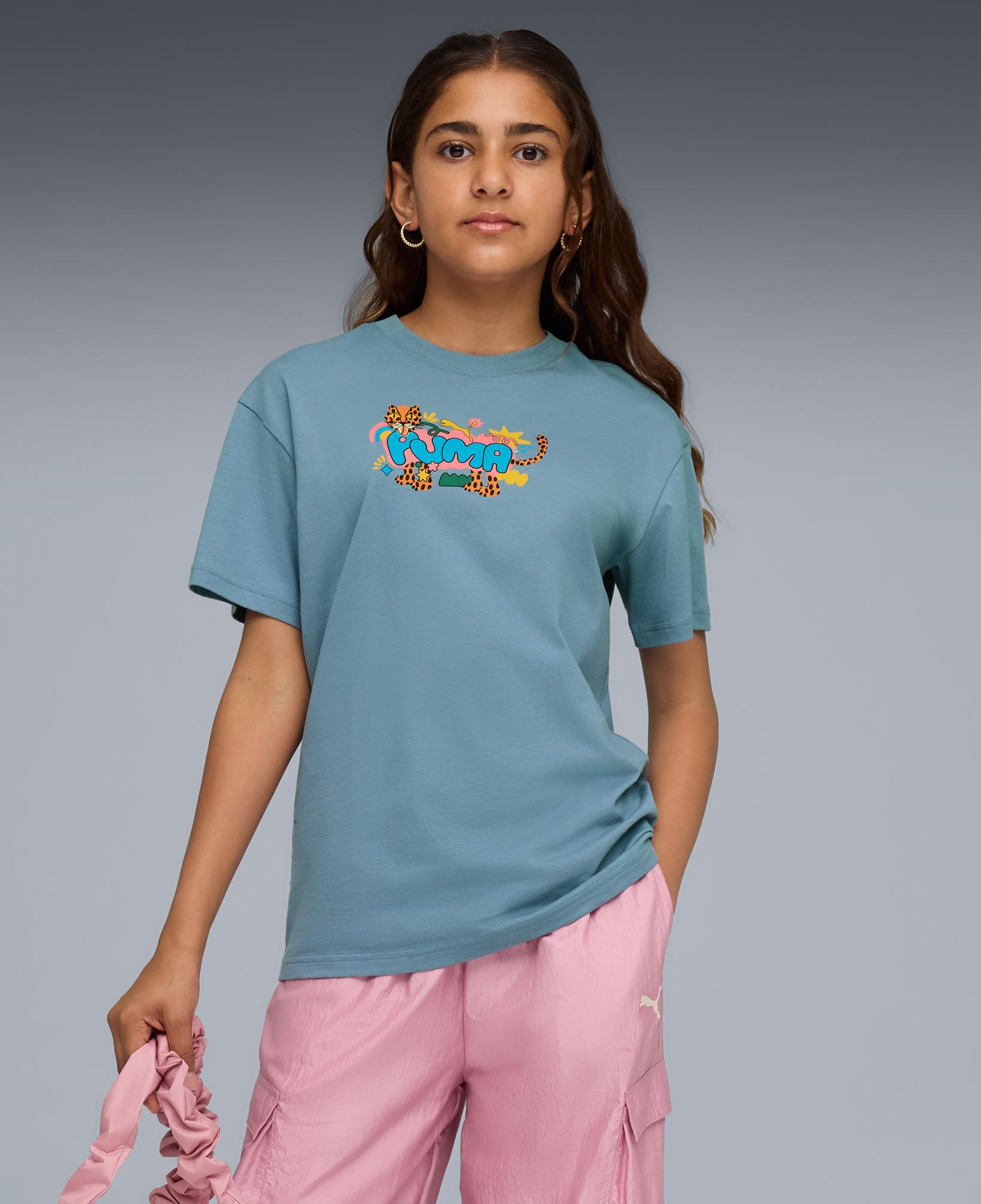 Puma Graphic Leopard Çocuk Mavi T-Shirt