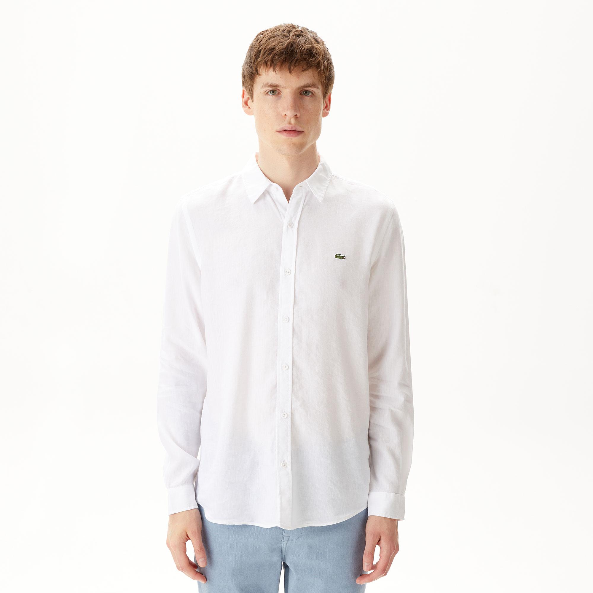 Lacoste Erkek Slim Fit Keten Beyaz Gömlek