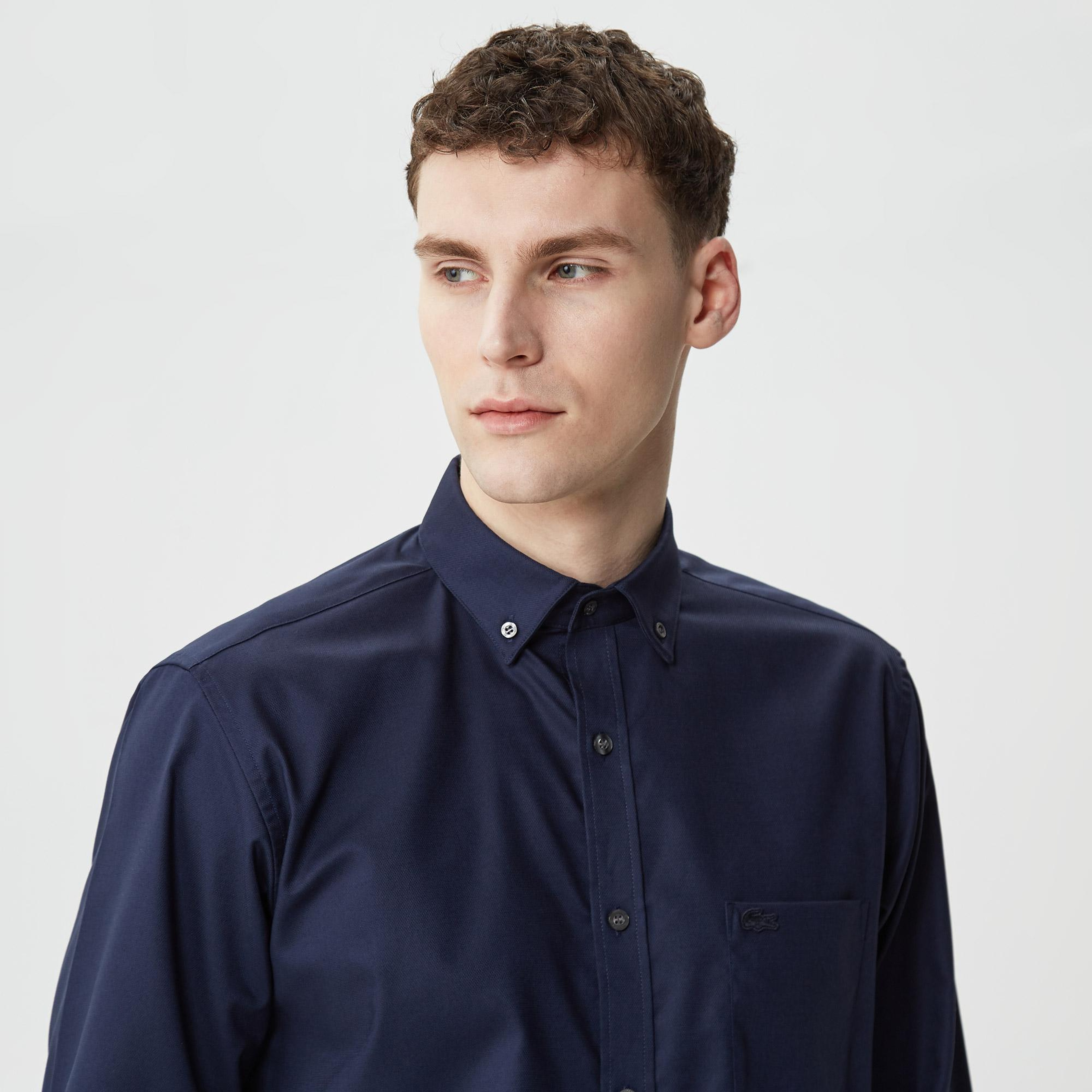 Erkek Regular Fit Düğmeli Yaka Lacivert Gömlek