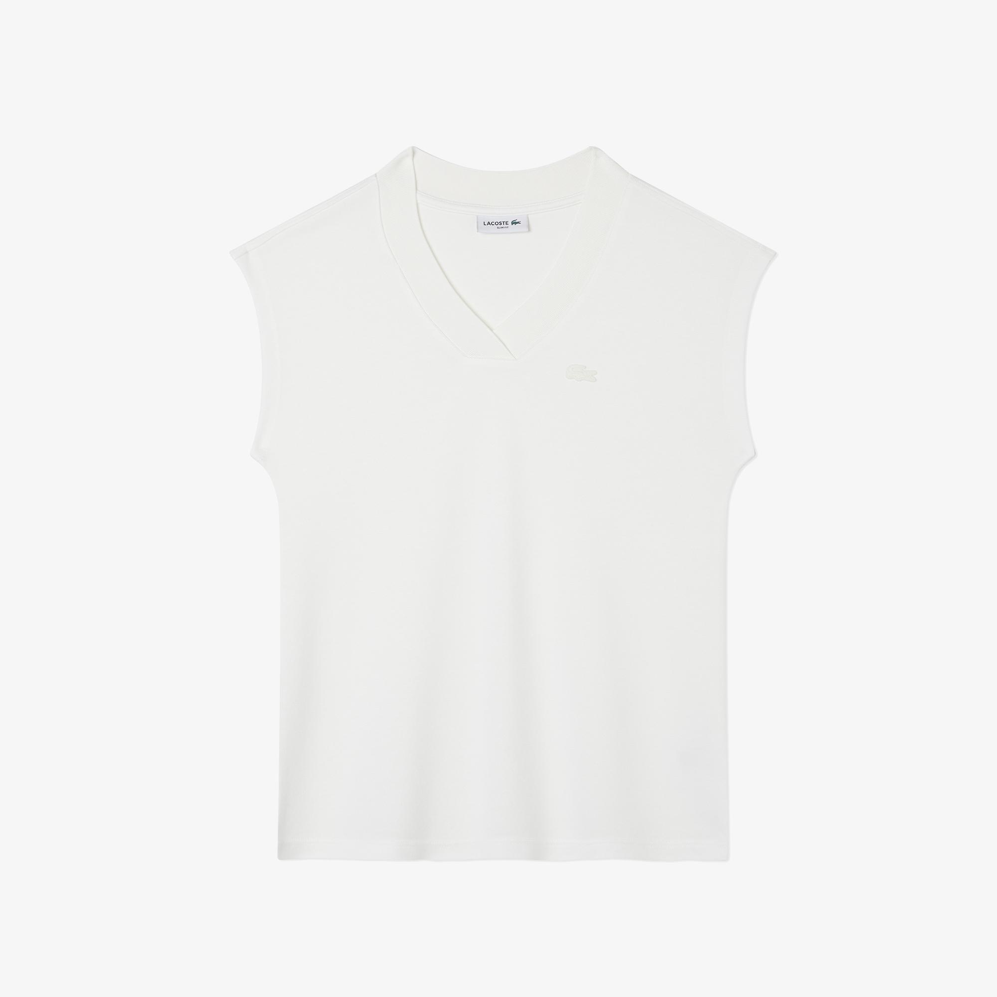 Lacoste Kadın Slim Fit V Yaka Beyaz T-Shirt