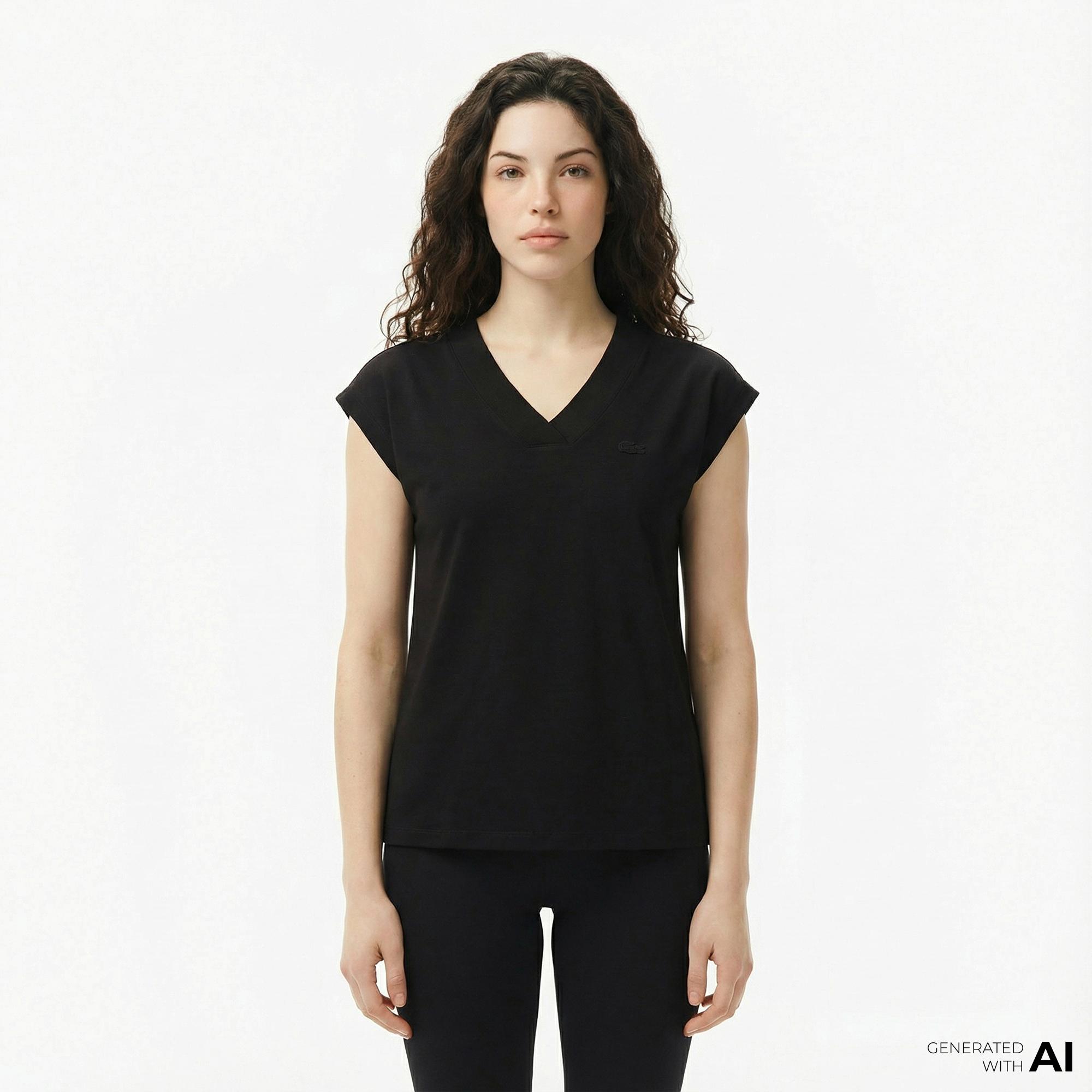 Lacoste Kadın Slim Fit V Yaka Siyah T-Shirt