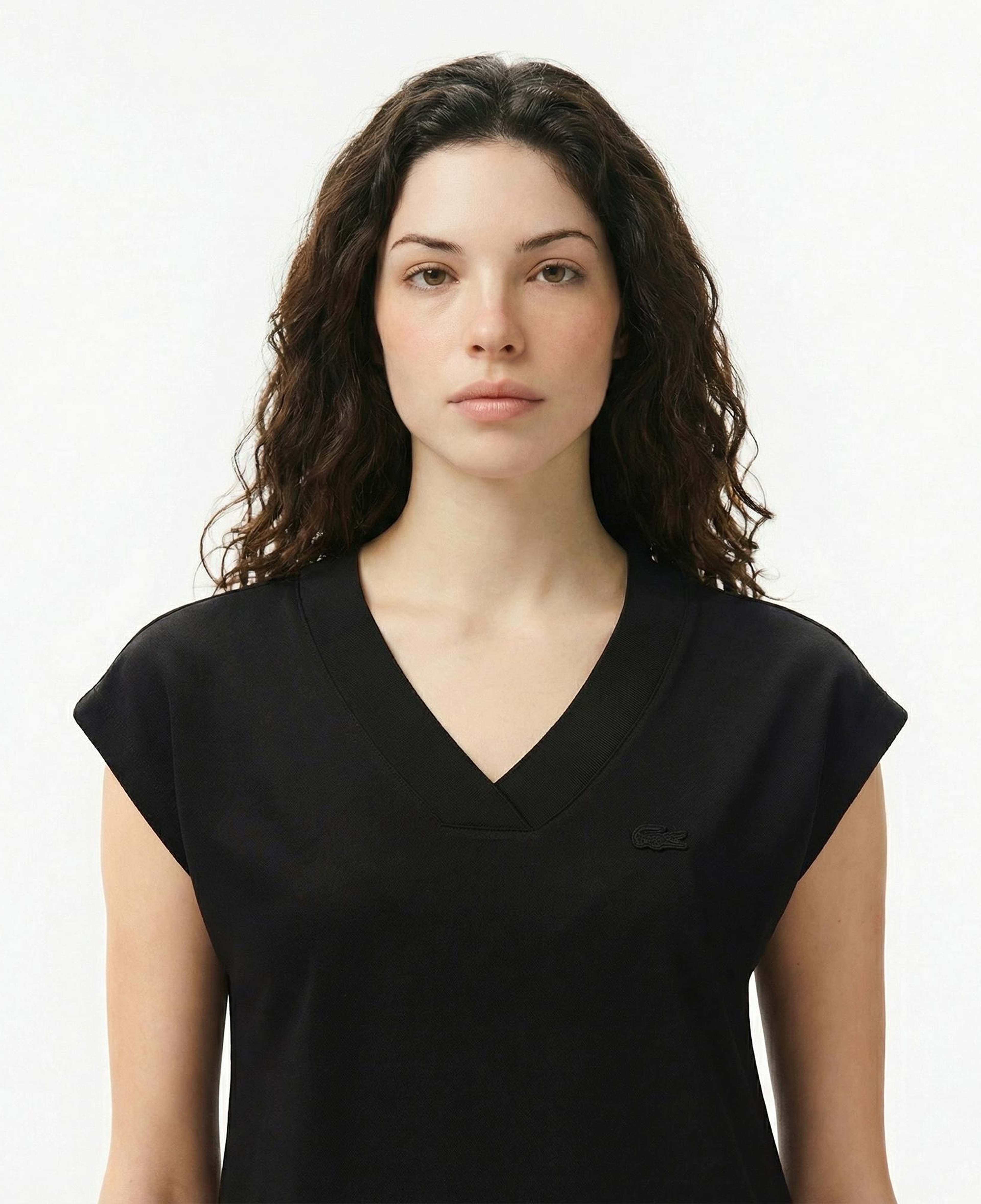 Lacoste Kadın Slim Fit V Yaka Siyah T-Shirt