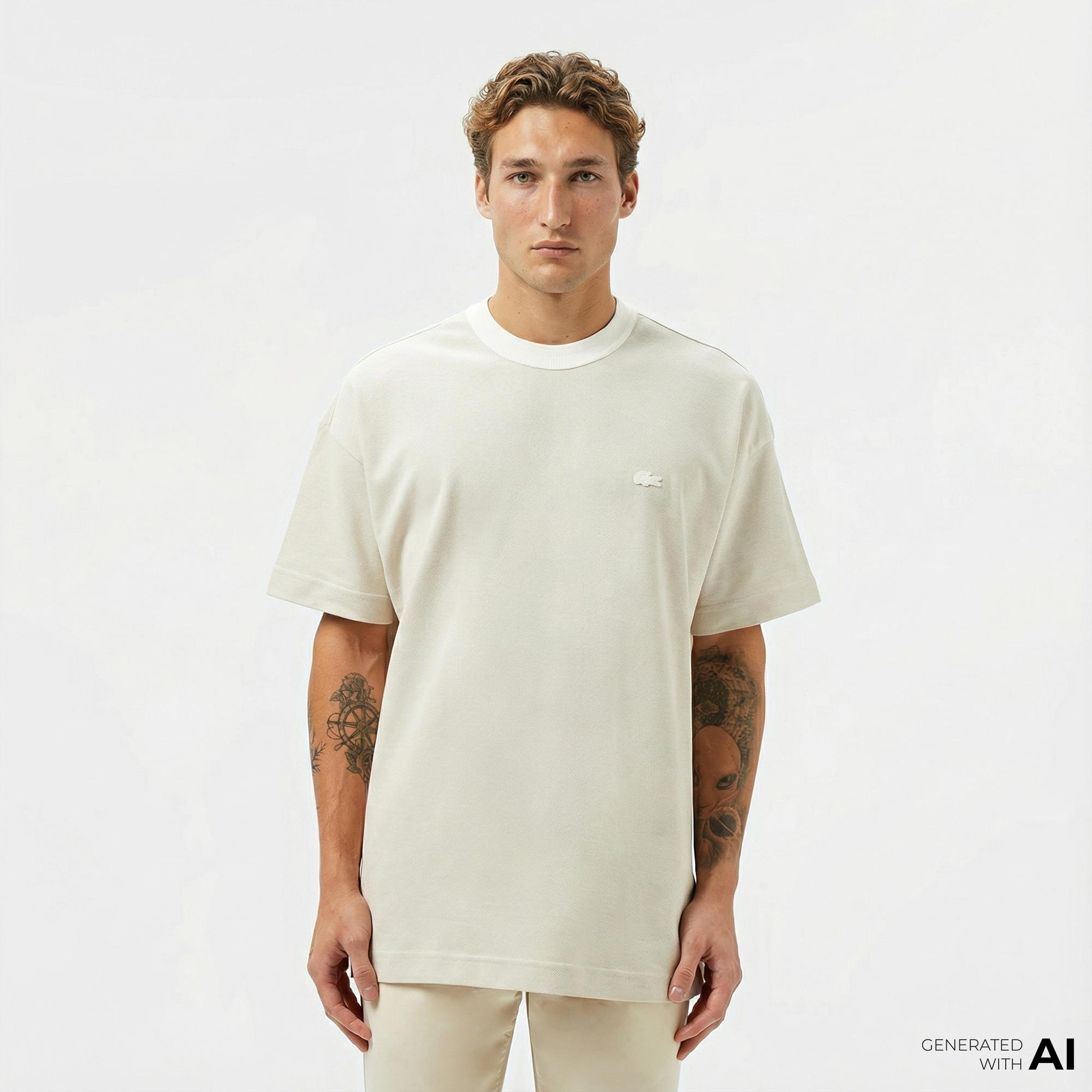 Lacoste Erkek Oversize Fit Bisiklet Yaka Krem T-Shirt