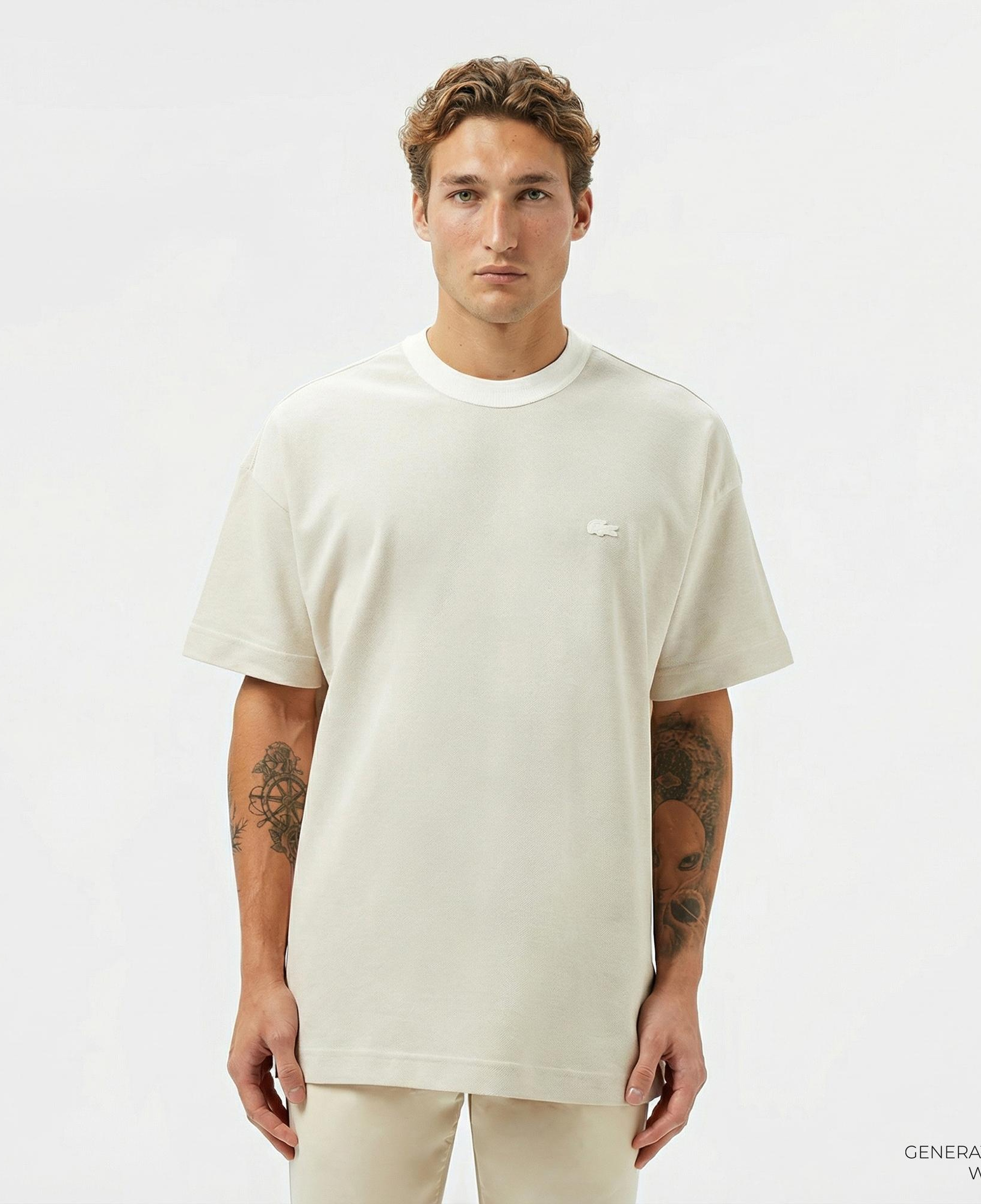 Lacoste Erkek Oversize Fit Bisiklet Yaka Krem T-Shirt