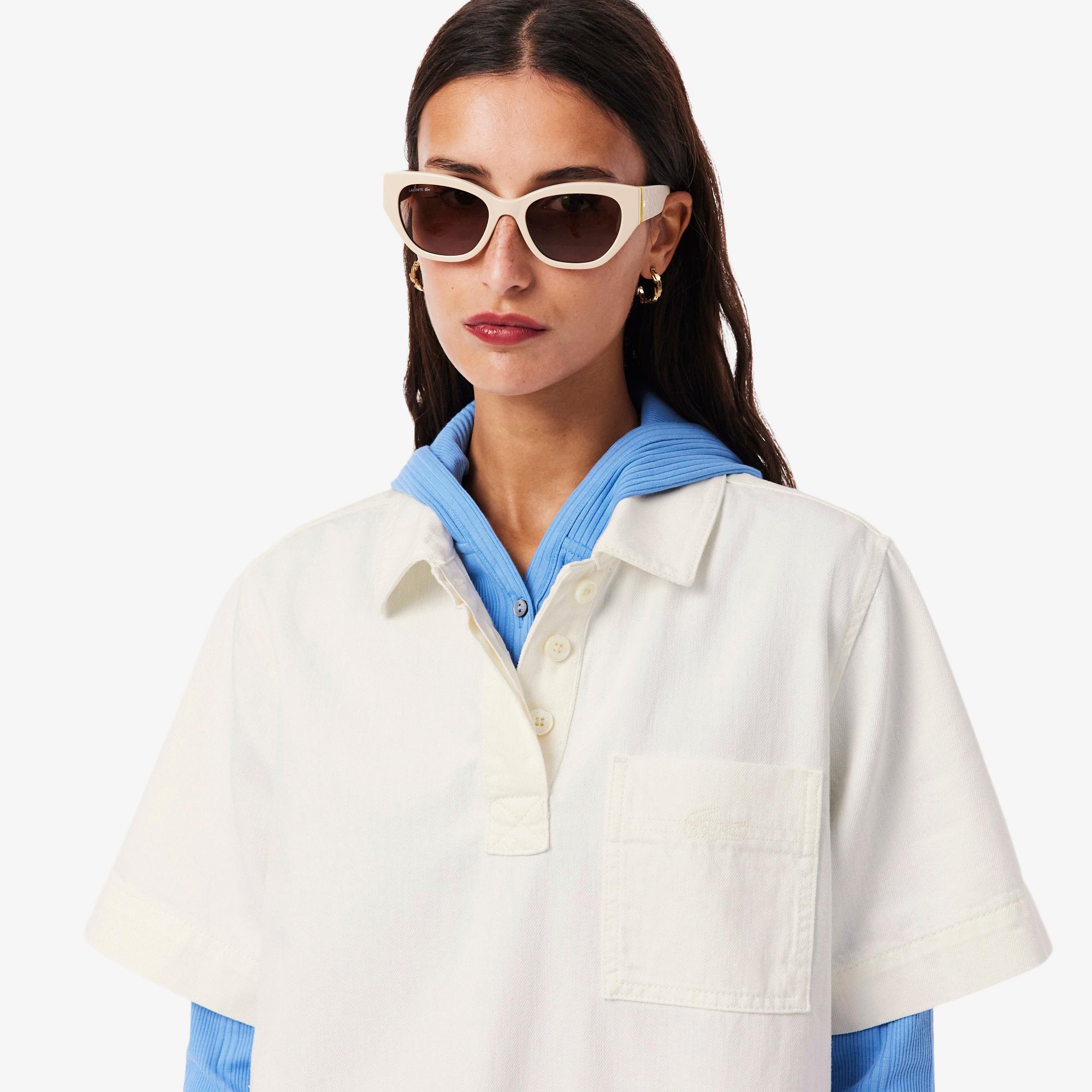 Lacoste Kadın Oversize Fit Kısa Kollu Polo Yaka Denim Beyaz Elbise