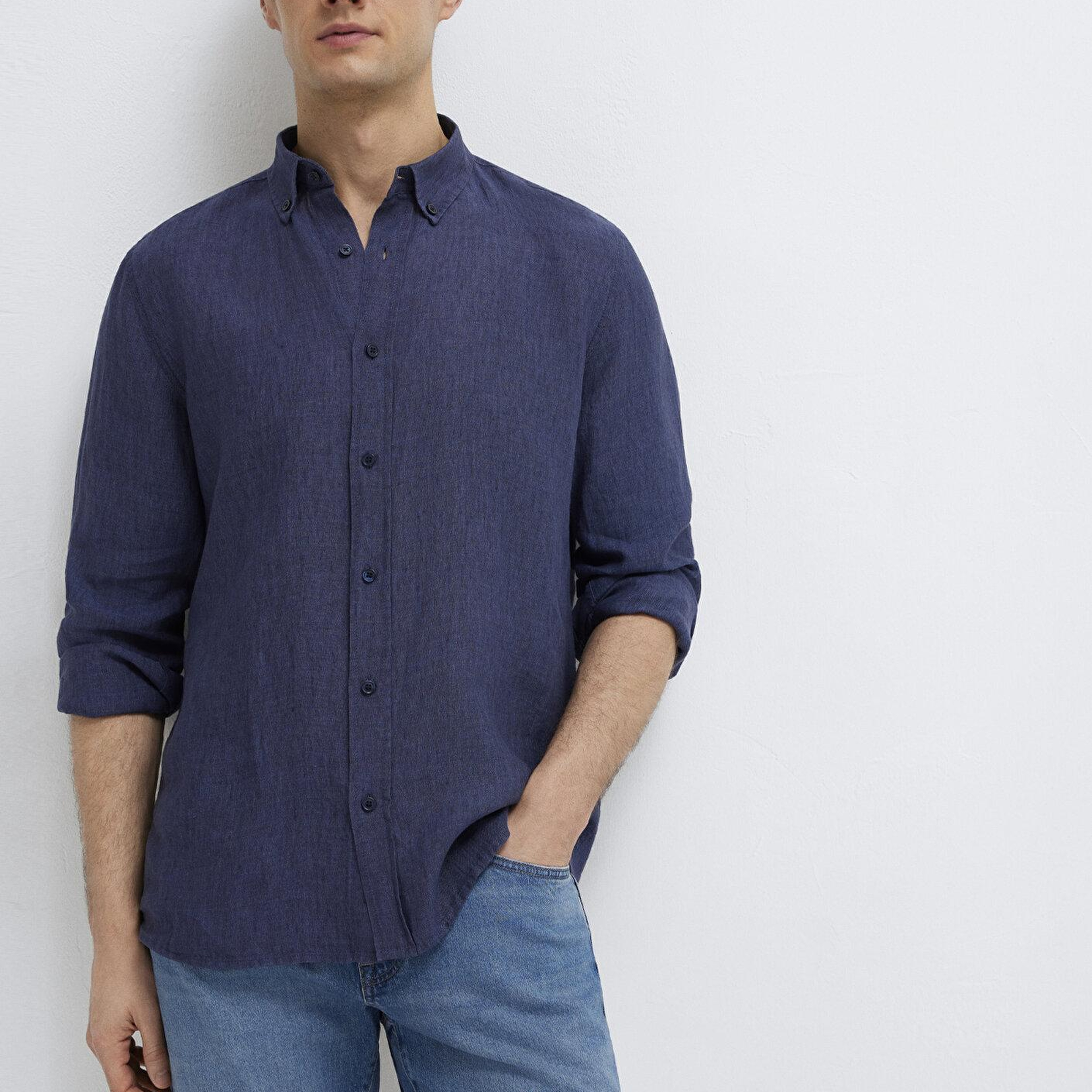 Mavi Keten Karışımlı Lacivert Gömlek Regular Fit / Normal Kesim 0211961-70718