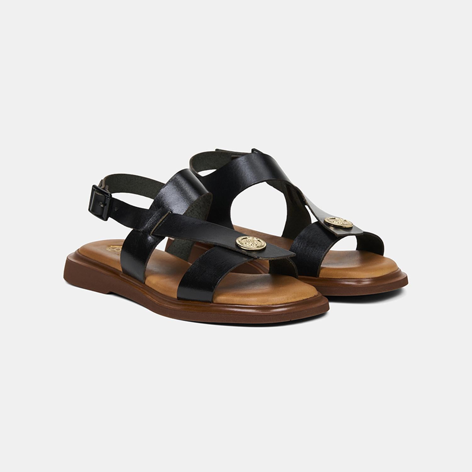 Kadın Siyah Ayarlanabilir Tokalı Gold Aksesuarlı Deri Sandalet