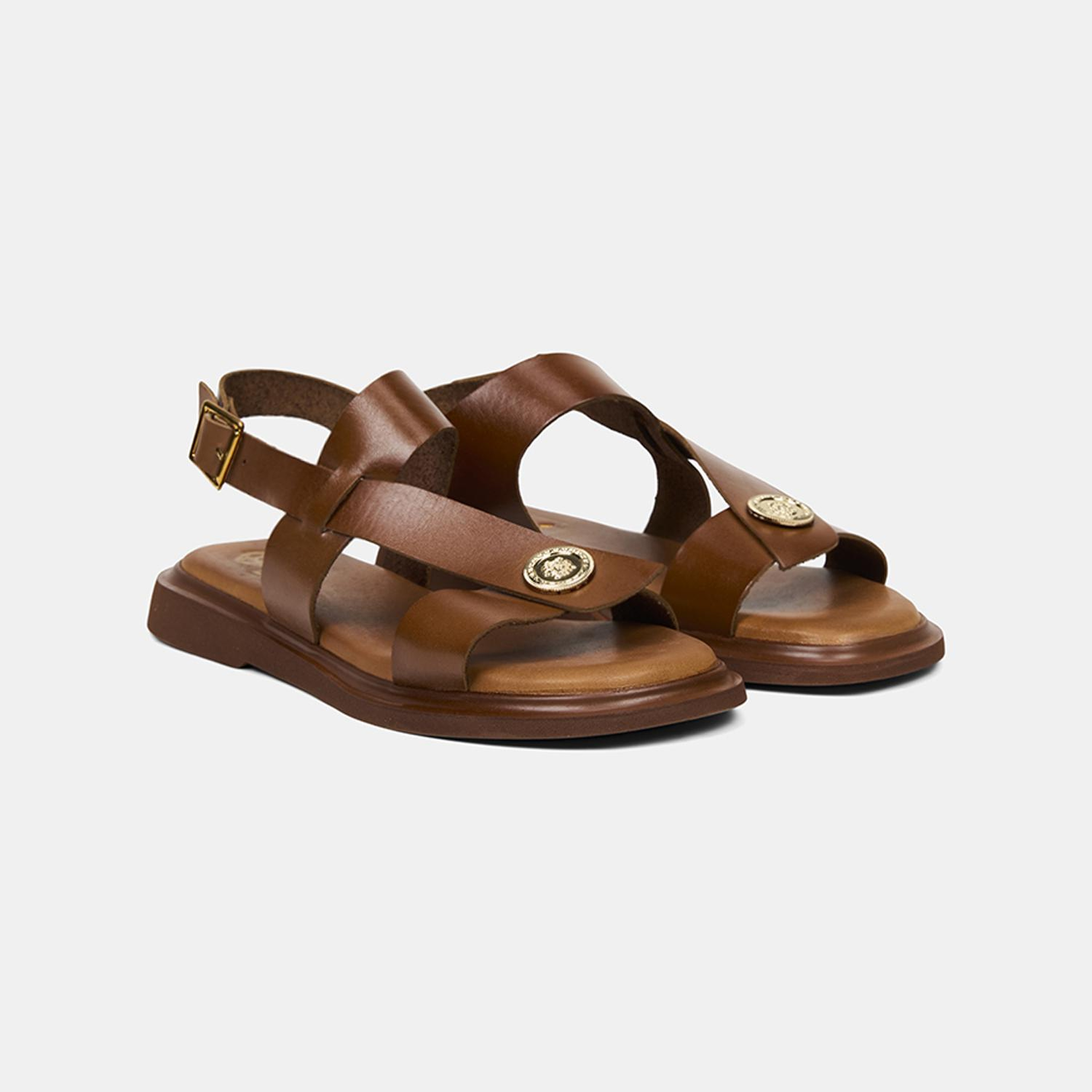 Kadın Taba Ayarlanabilir Tokalı Gold Aksesuarlı Deri Sandalet