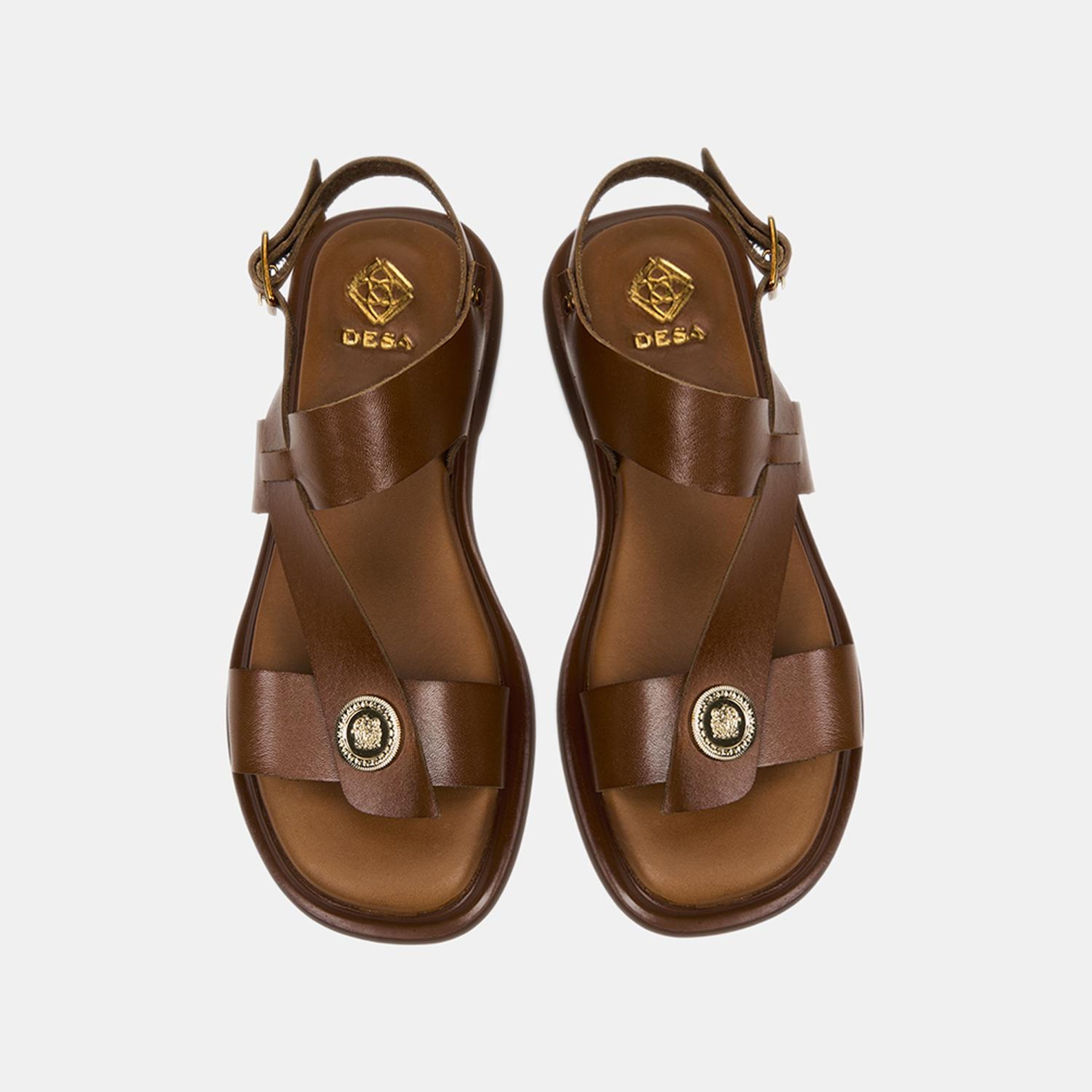 Kadın Taba Ayarlanabilir Tokalı Gold Aksesuarlı Deri Sandalet