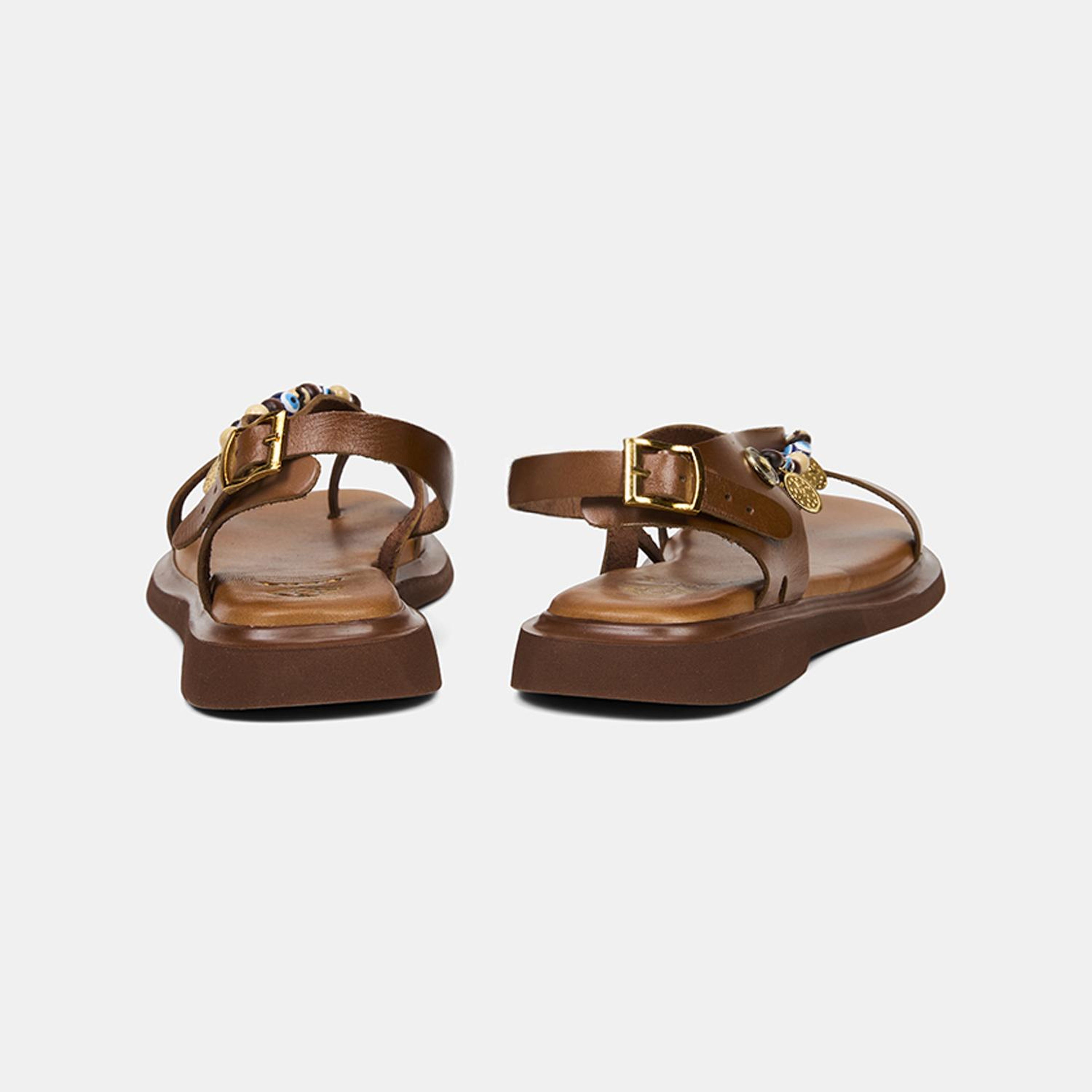 Kadın Taba Boncuk Aksesuarlı Parmak Arası Deri Sandalet