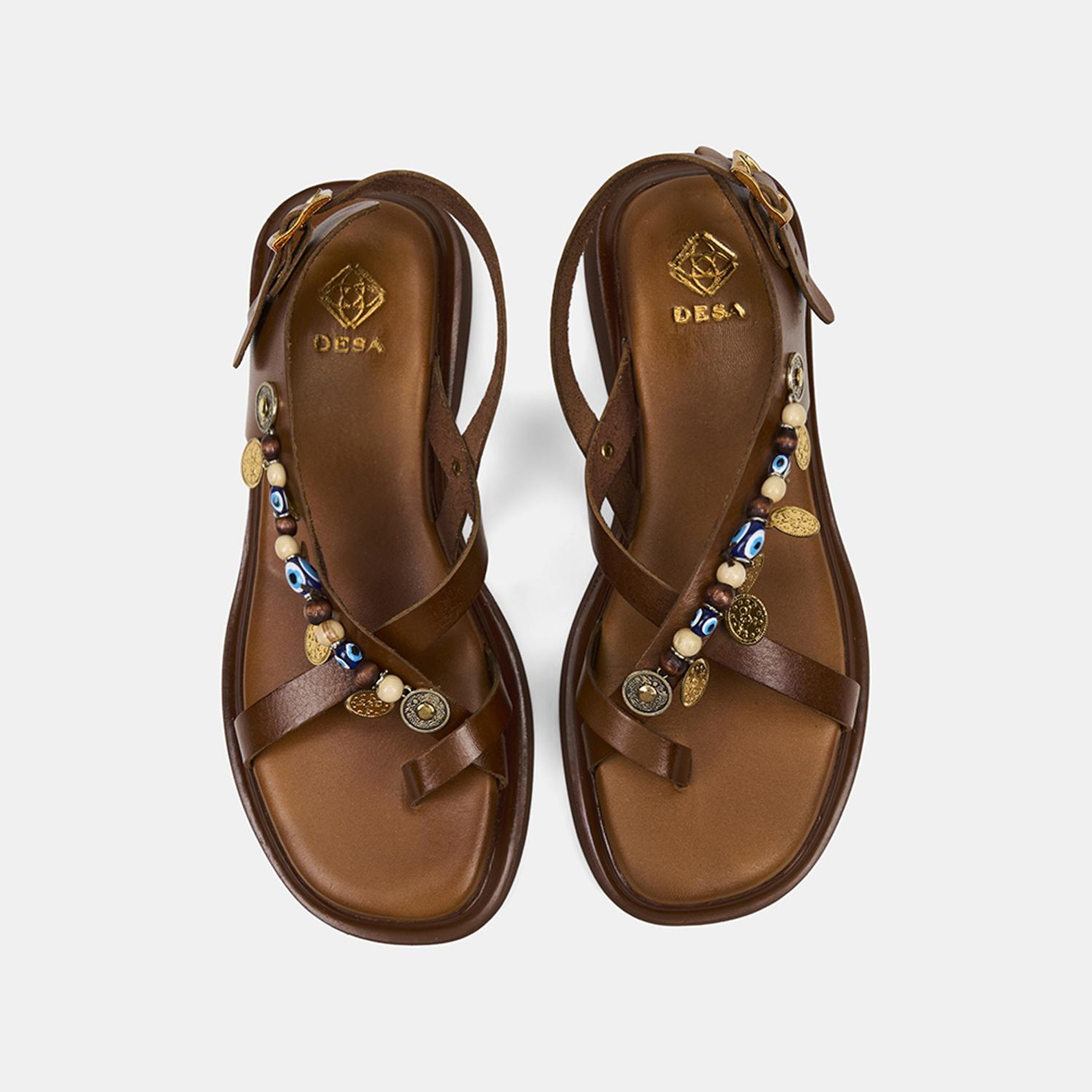 Kadın Taba Boncuk Aksesuarlı Parmak Arası Deri Sandalet