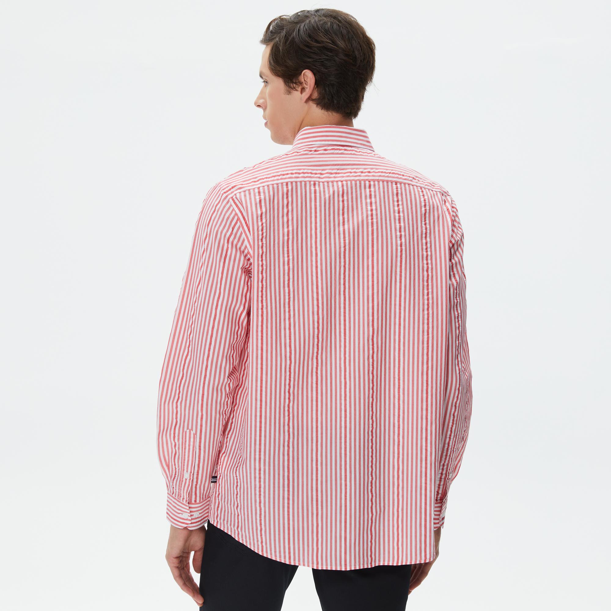 Nautica Erkek Kırmızı Classic Fit Uzun Kollu Çizgili Gömlek