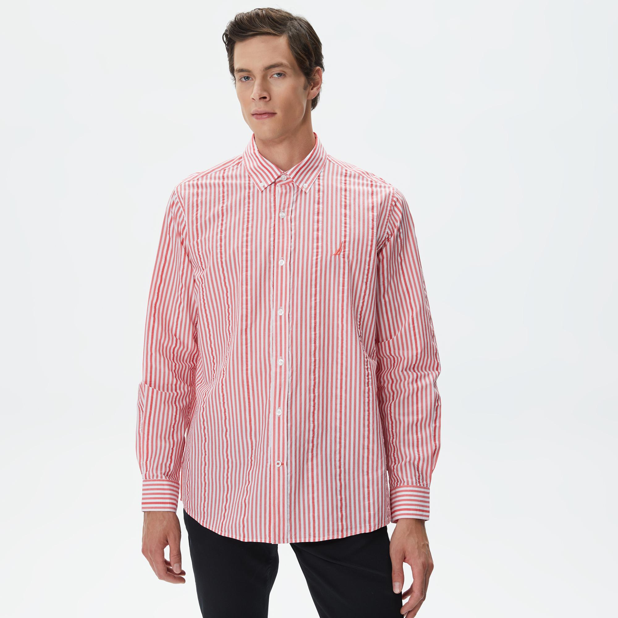 Nautica Erkek Kırmızı Classic Fit Uzun Kollu Çizgili Gömlek