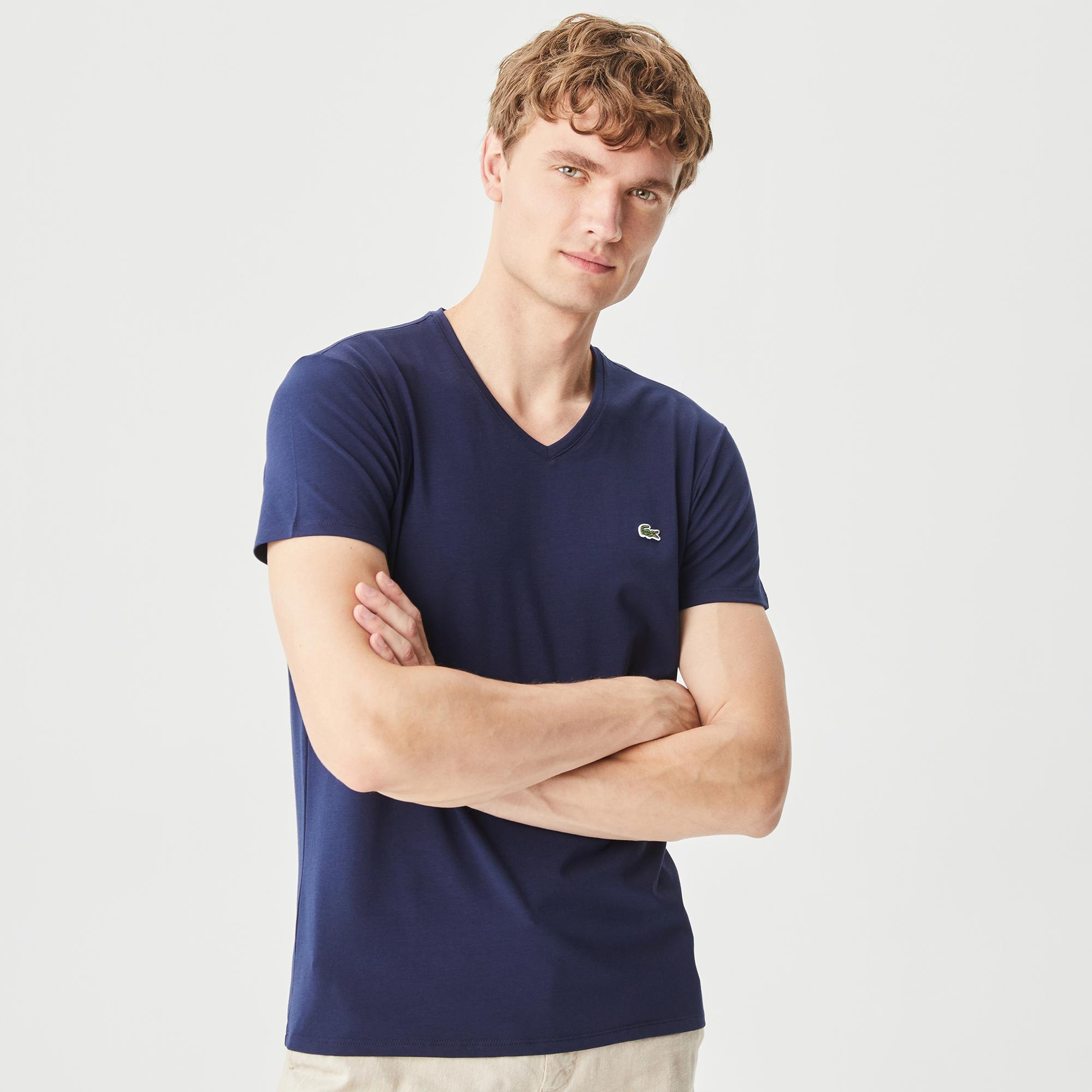 Lacoste Erkek Slim Fit V yaka Lacivert T-Shirt
