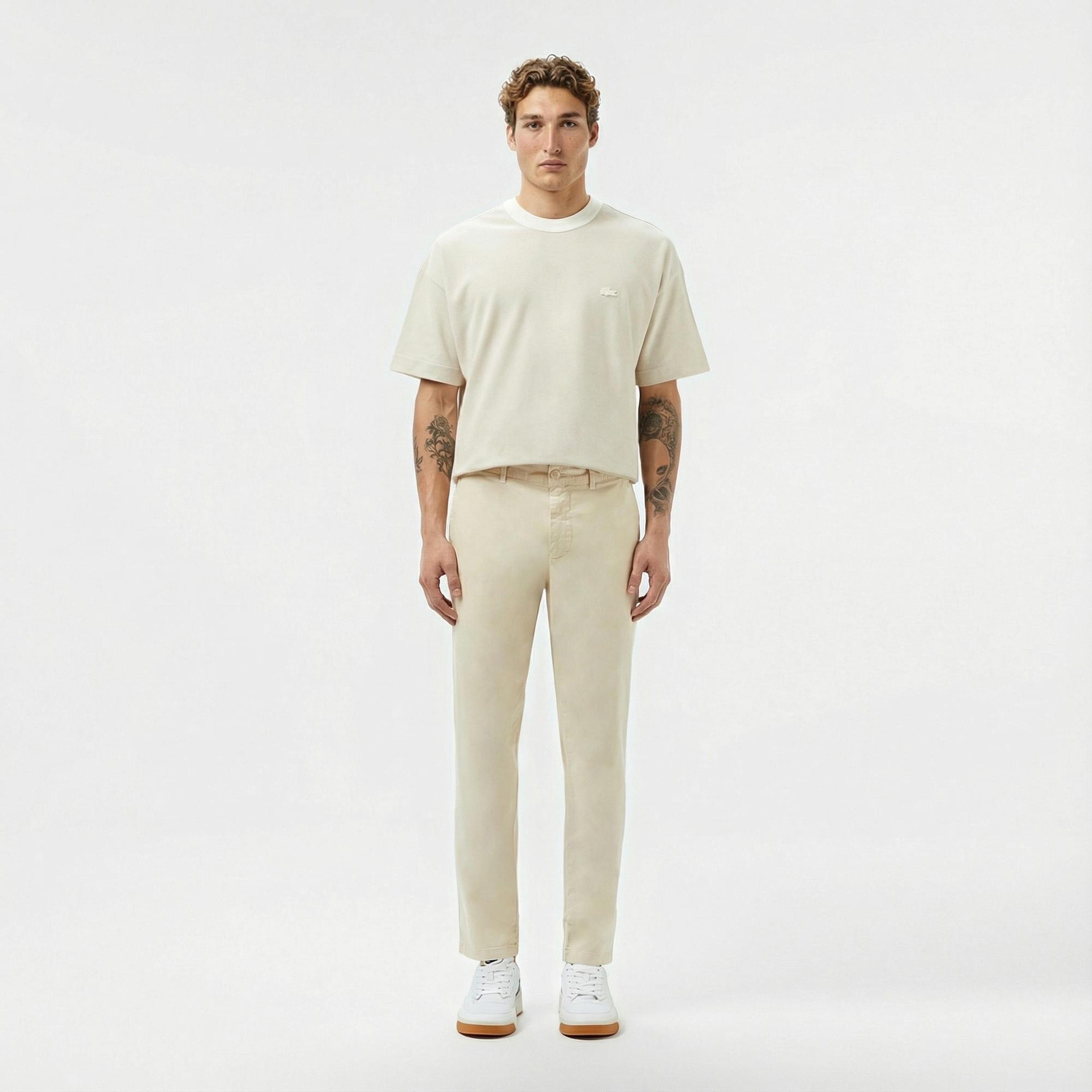 Lacoste Erkek Oversize Fit Bisiklet Yaka Krem T-Shirt