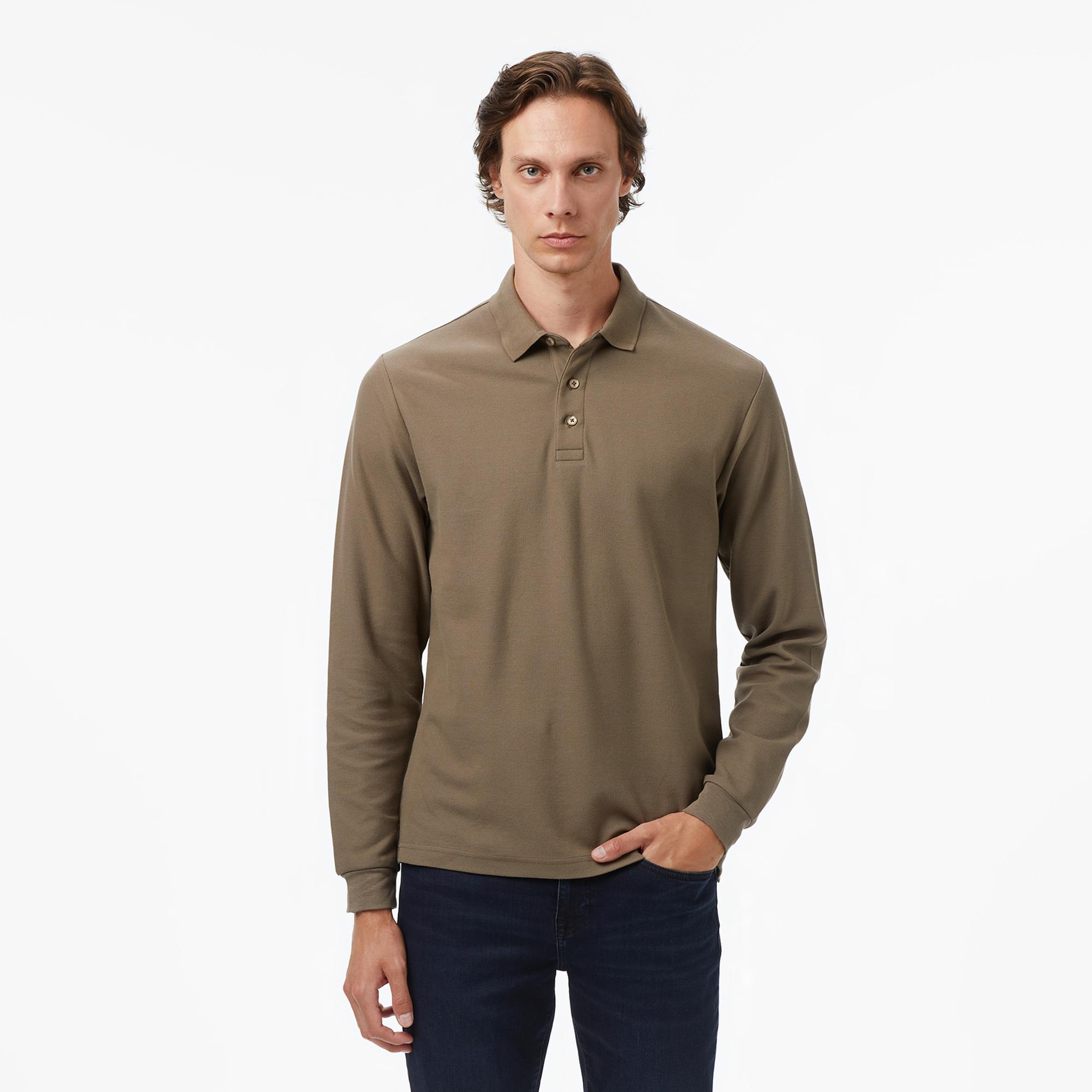 Nautica Erkek Kahverengi Classic Fit Uzun Kollu Polo Yaka T-Shirt