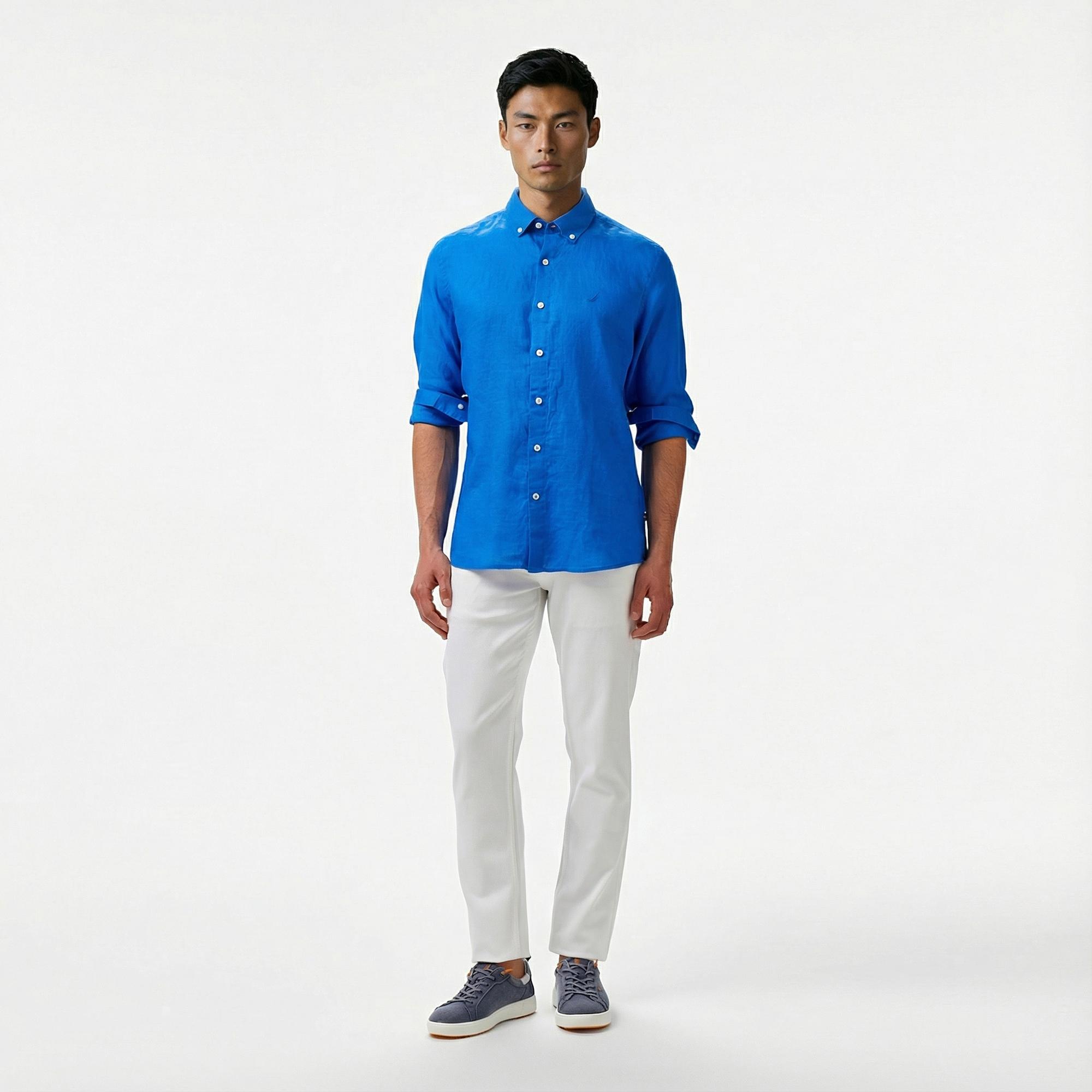 Nautica Erkek Mavi Classic Fit Keten Gömlek