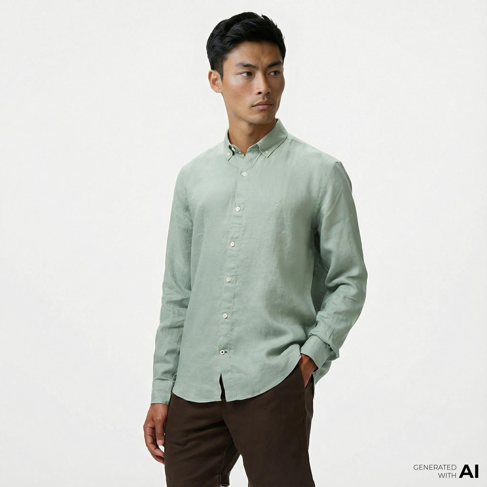 Nautica Erkek Yeşil Classic Fit Keten Gömlek