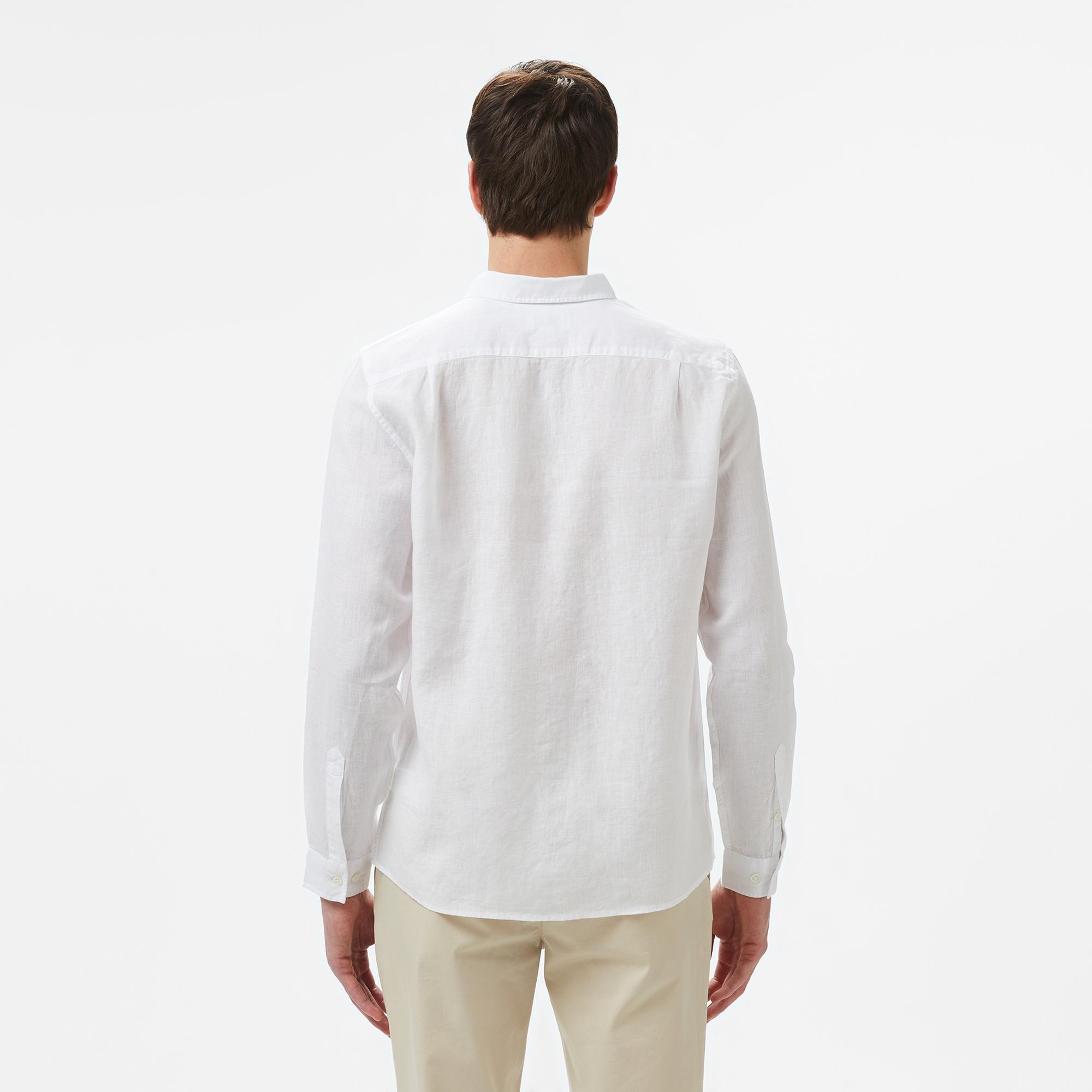 Lacoste Erkek Regular Fit Düğmeli Yaka Keten Beyaz Gömlek