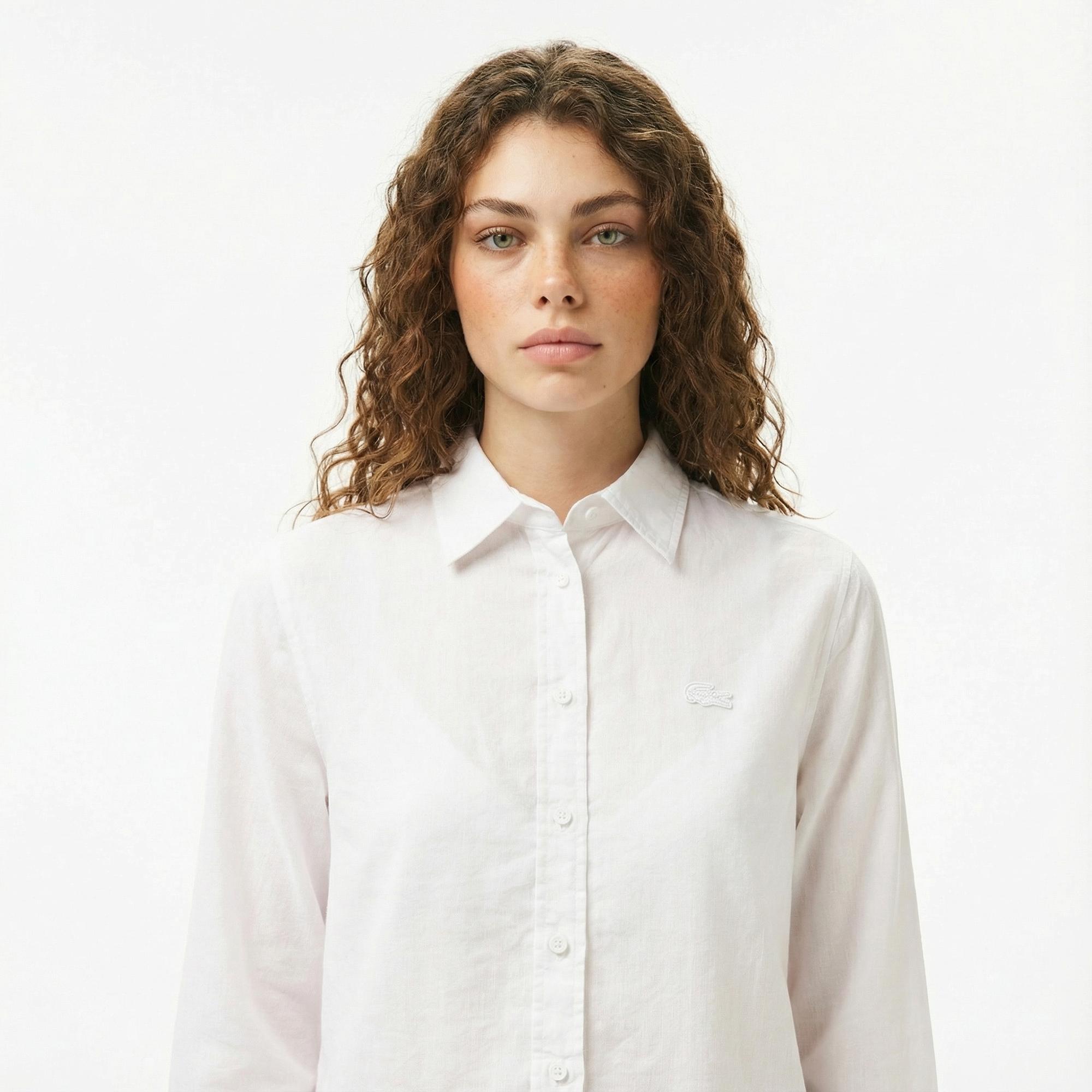 Lacoste Kadın Relaxed Fit Keten Beyaz Gömlek