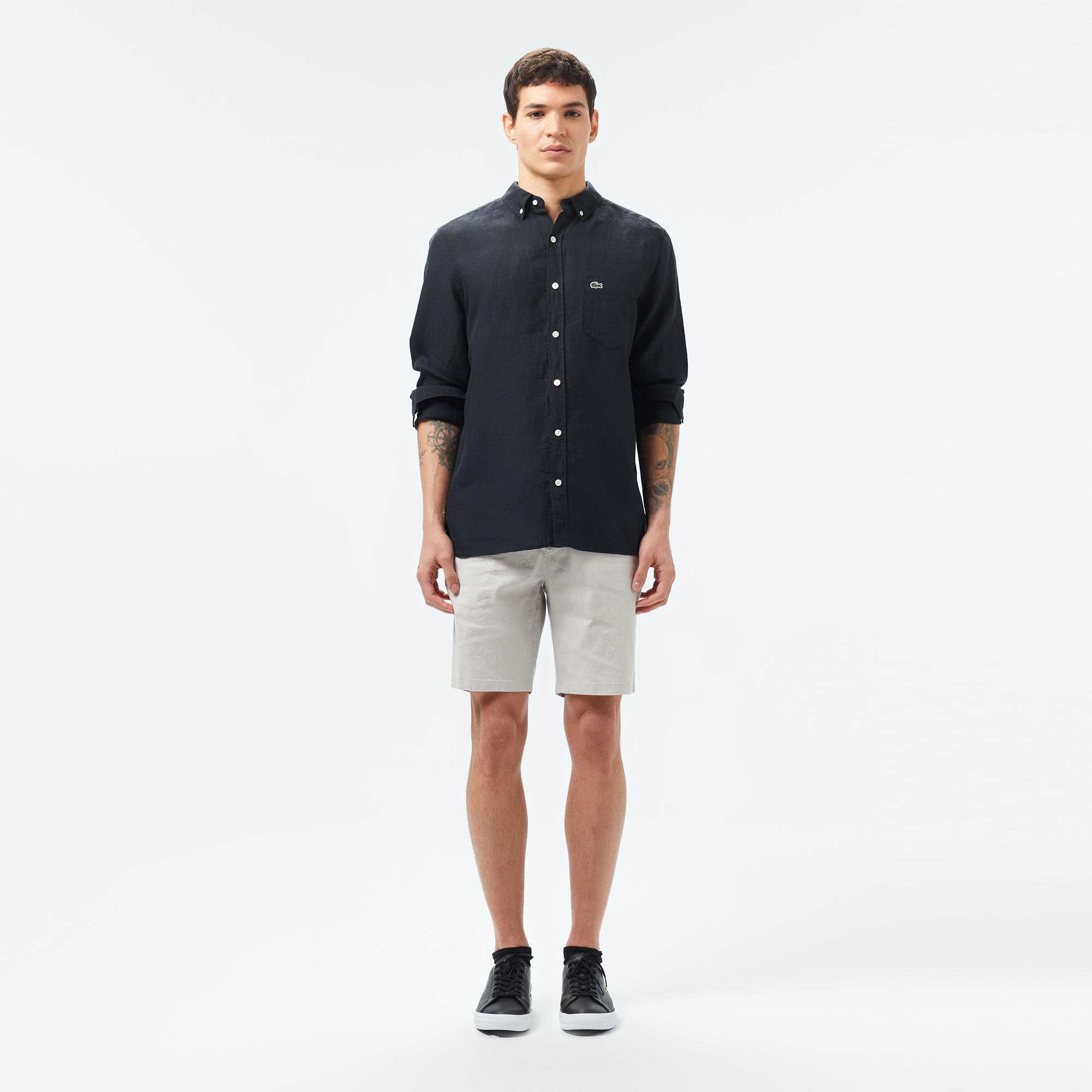 Lacoste Erkek Regular Fit Düğmeli Yaka Keten Siyah Gömlek