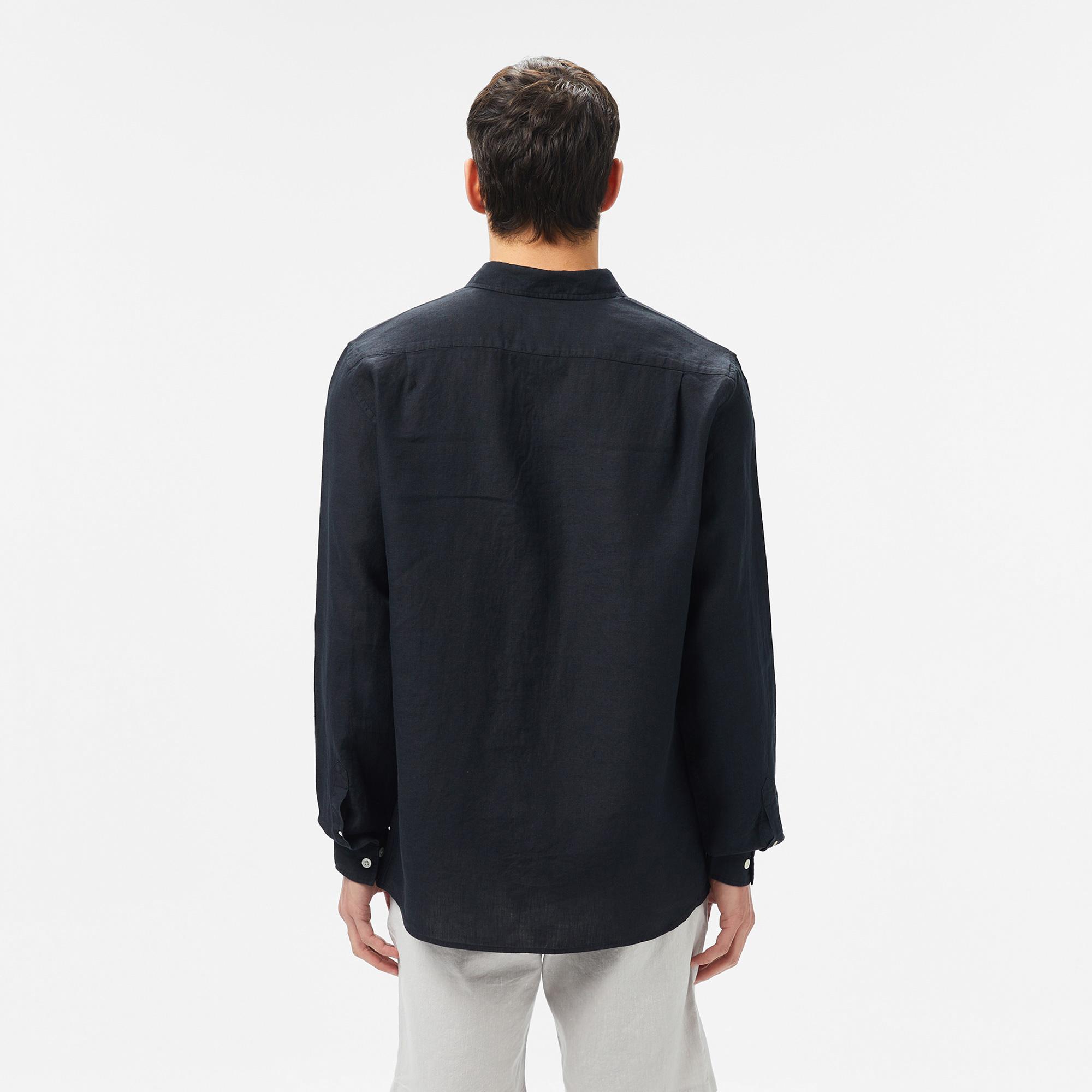 Lacoste Erkek Regular Fit Düğmeli Yaka Keten Siyah Gömlek