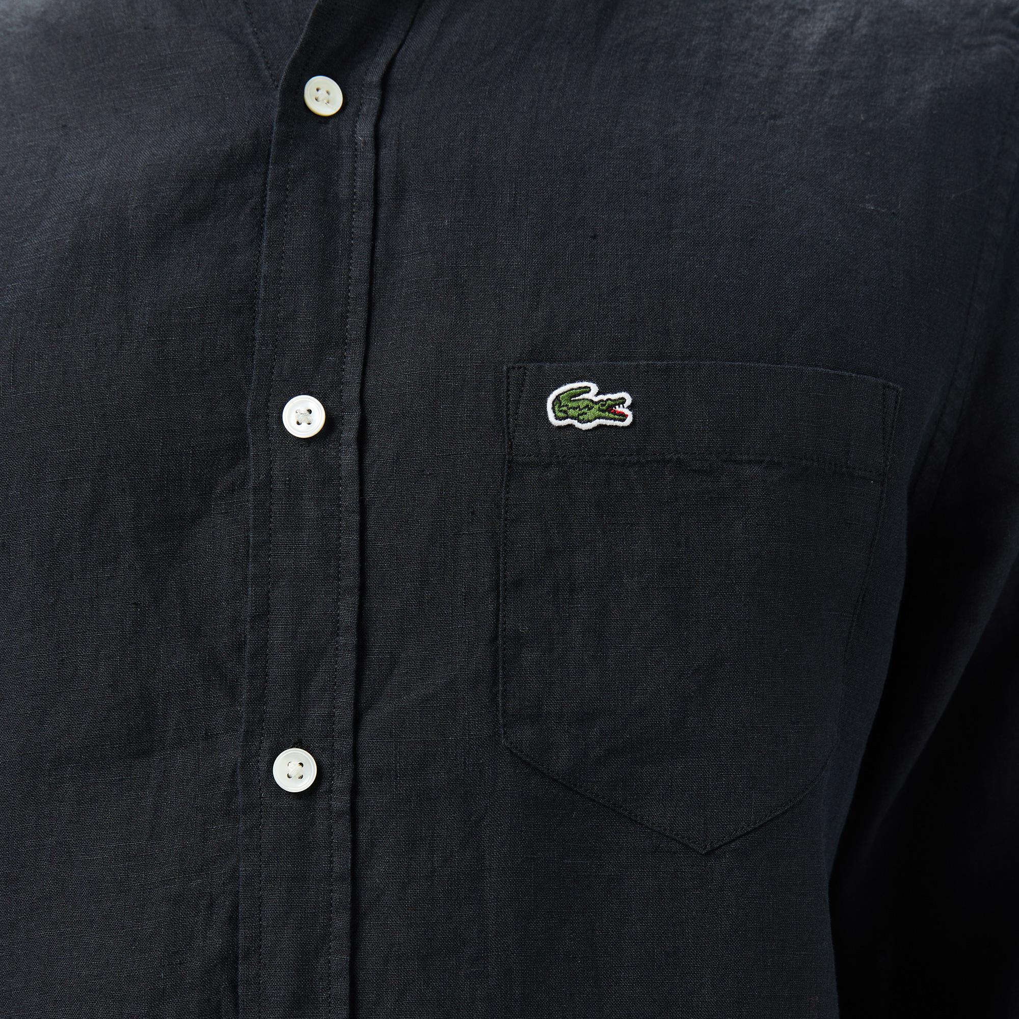 Lacoste Erkek Regular Fit Düğmeli Yaka Keten Siyah Gömlek