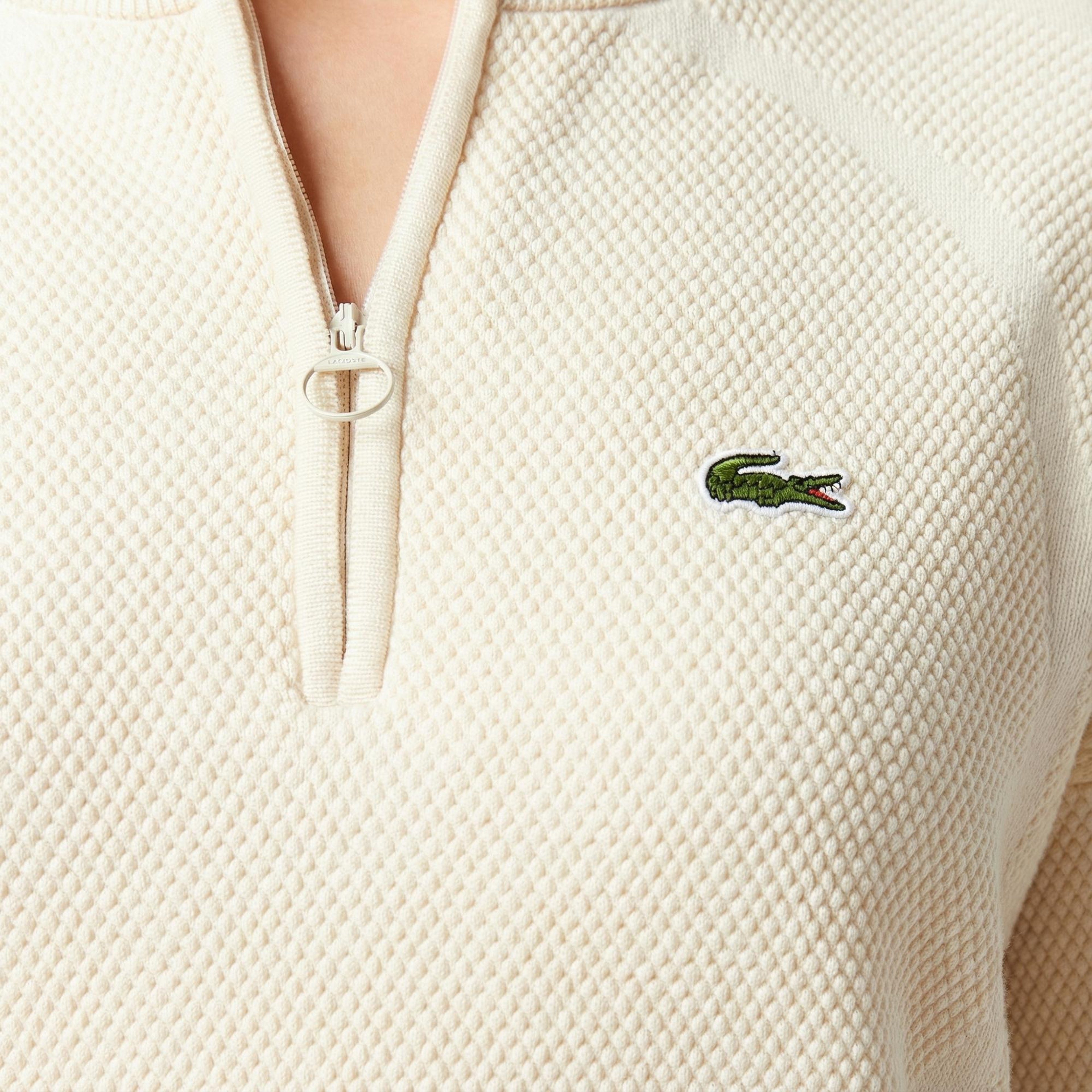 Lacoste Kadın Relaxed Fit Yarım Fermuarlı Krem Kazak