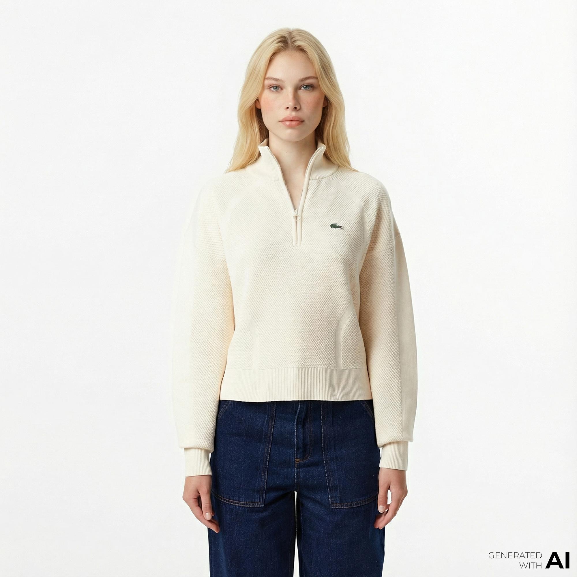 Lacoste Kadın Relaxed Fit Yarım Fermuarlı Krem Kazak