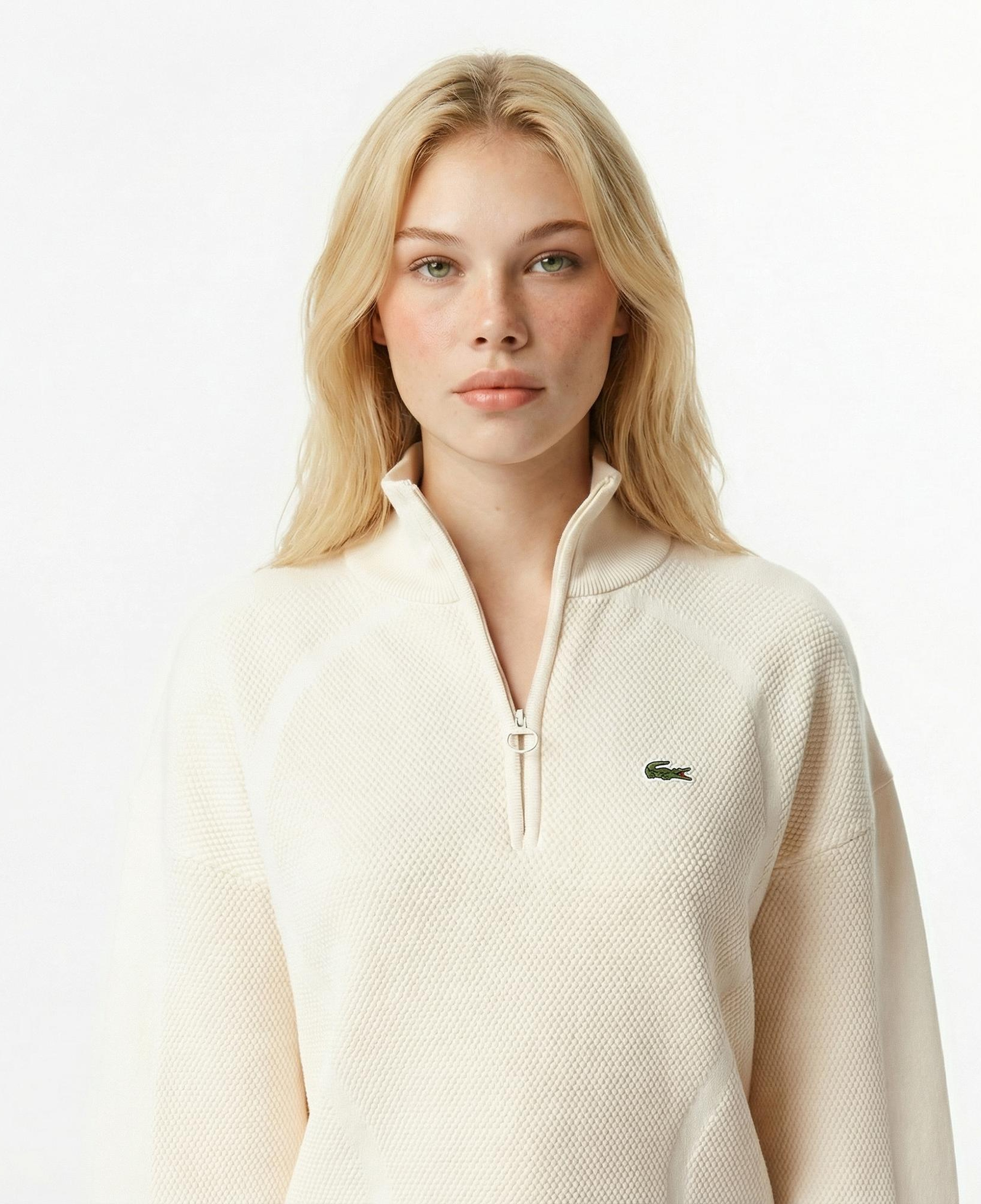 Lacoste Kadın Relaxed Fit Yarım Fermuarlı Krem Kazak