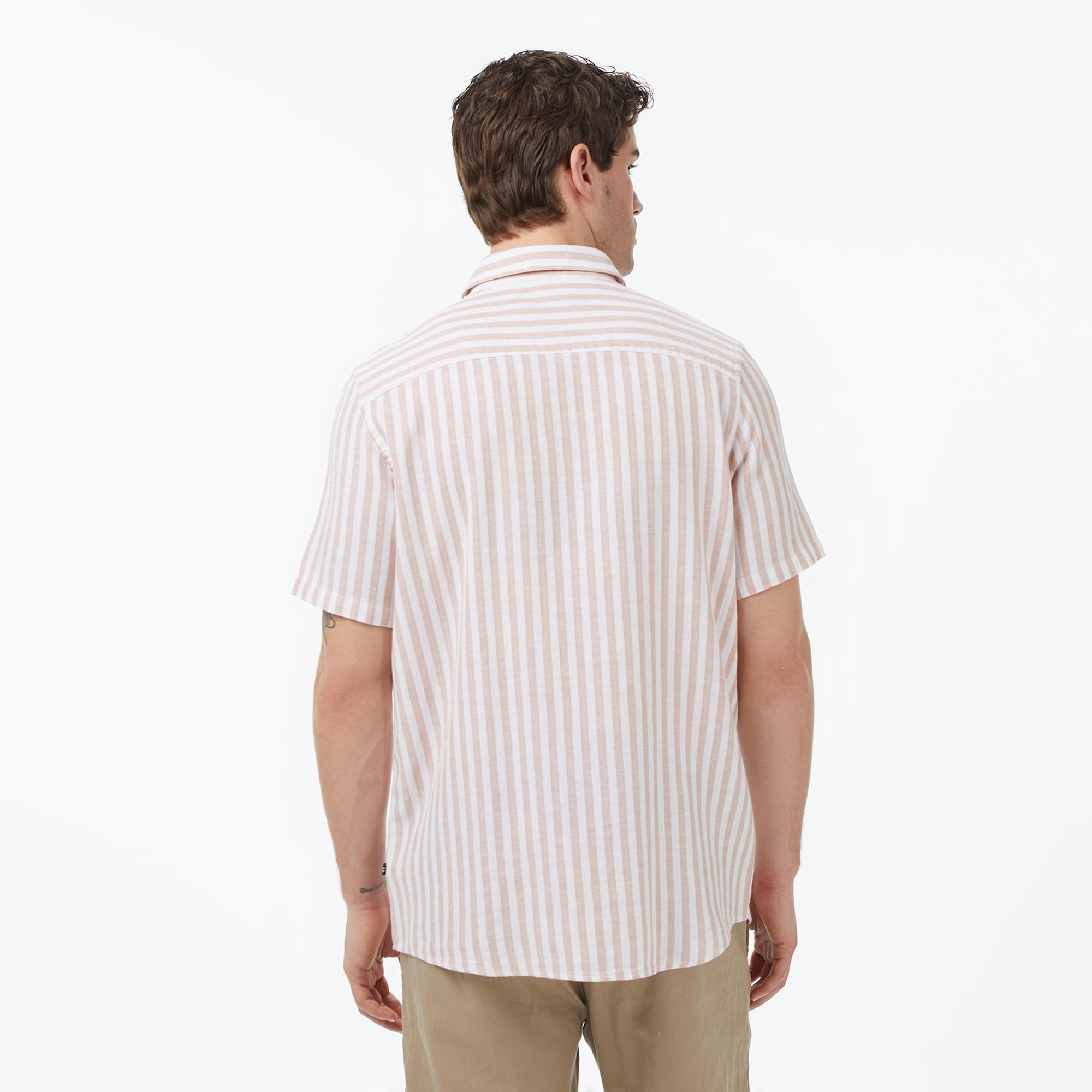 Nautica Erkek Bej Regular Fit Kısa Kollu Çizgili Gömlek