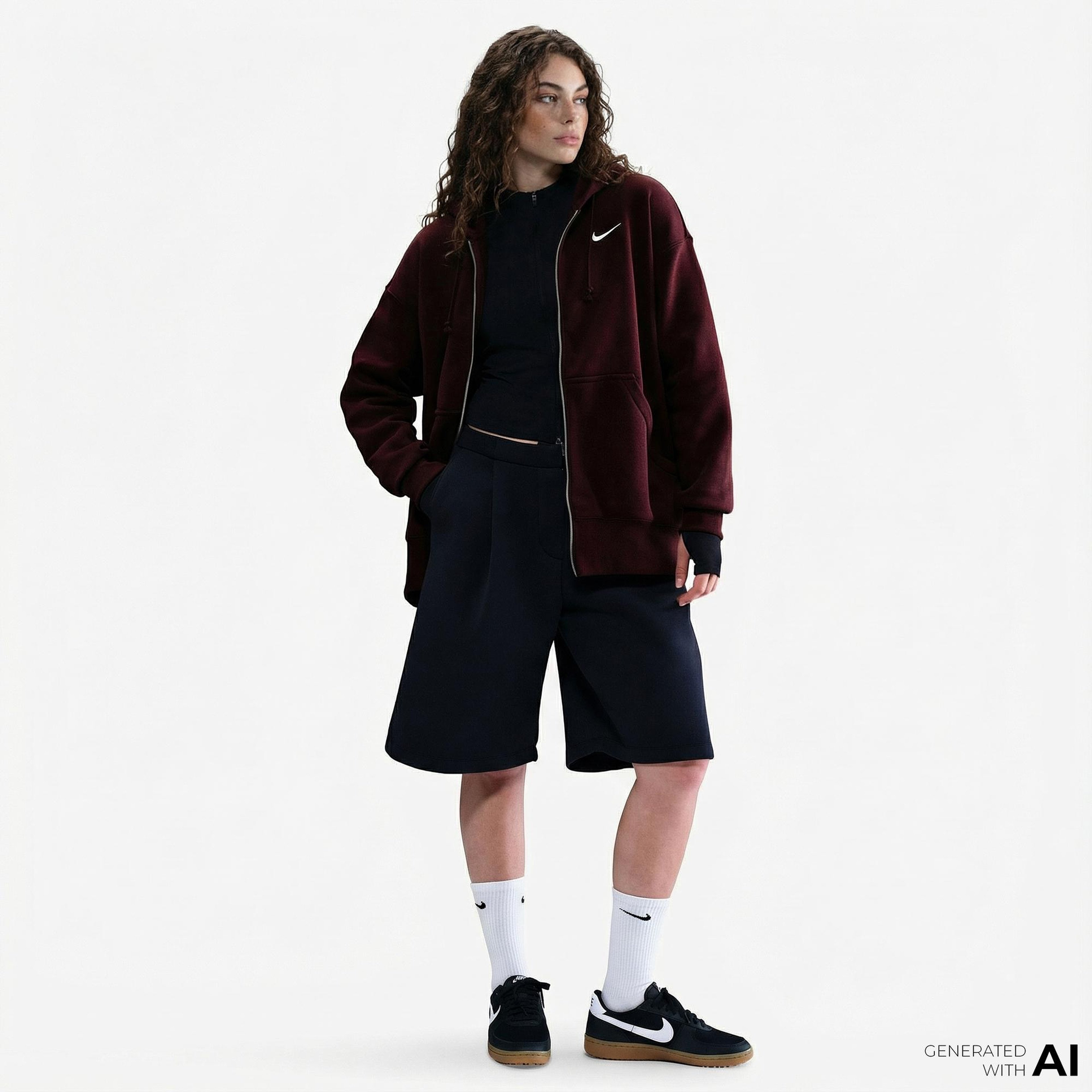 Nike Sportswear Phoenix Fleece Oversize Kadın Bordo Hoodie