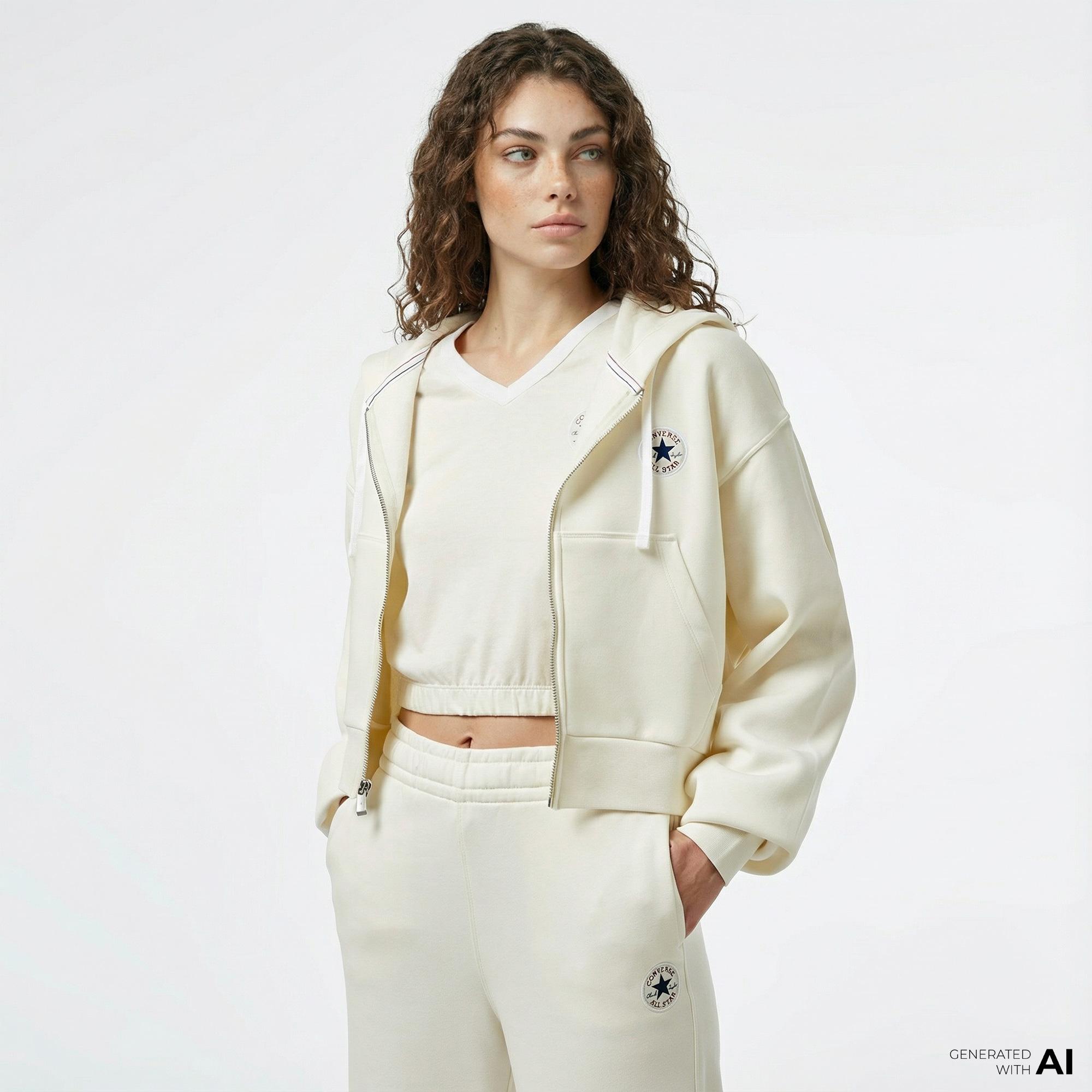 Converse Kadın Baskılı Krem Fermuarlı Hoodie