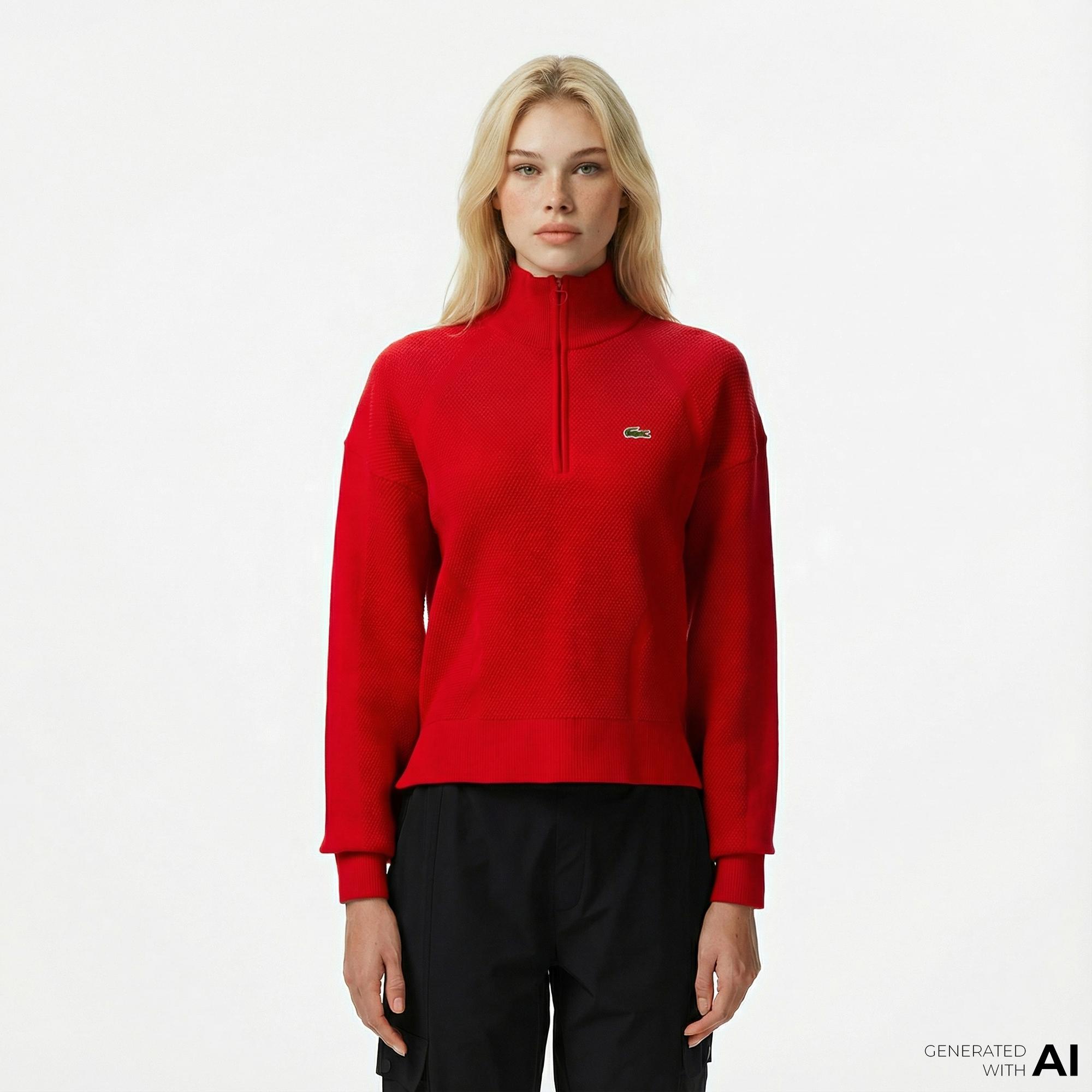 Lacoste Kadın Relaxed Fit Yarım Fermuarlı Kırmızı Kazak