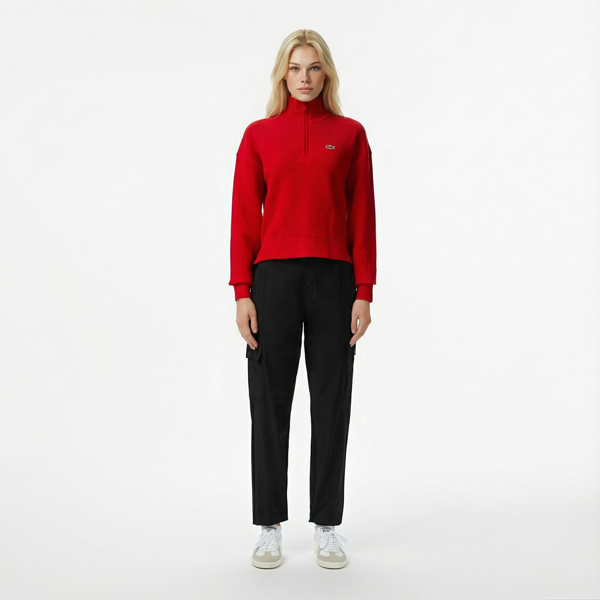 Lacoste Kadın Relaxed Fit Yarım Fermuarlı Kırmızı Kazak