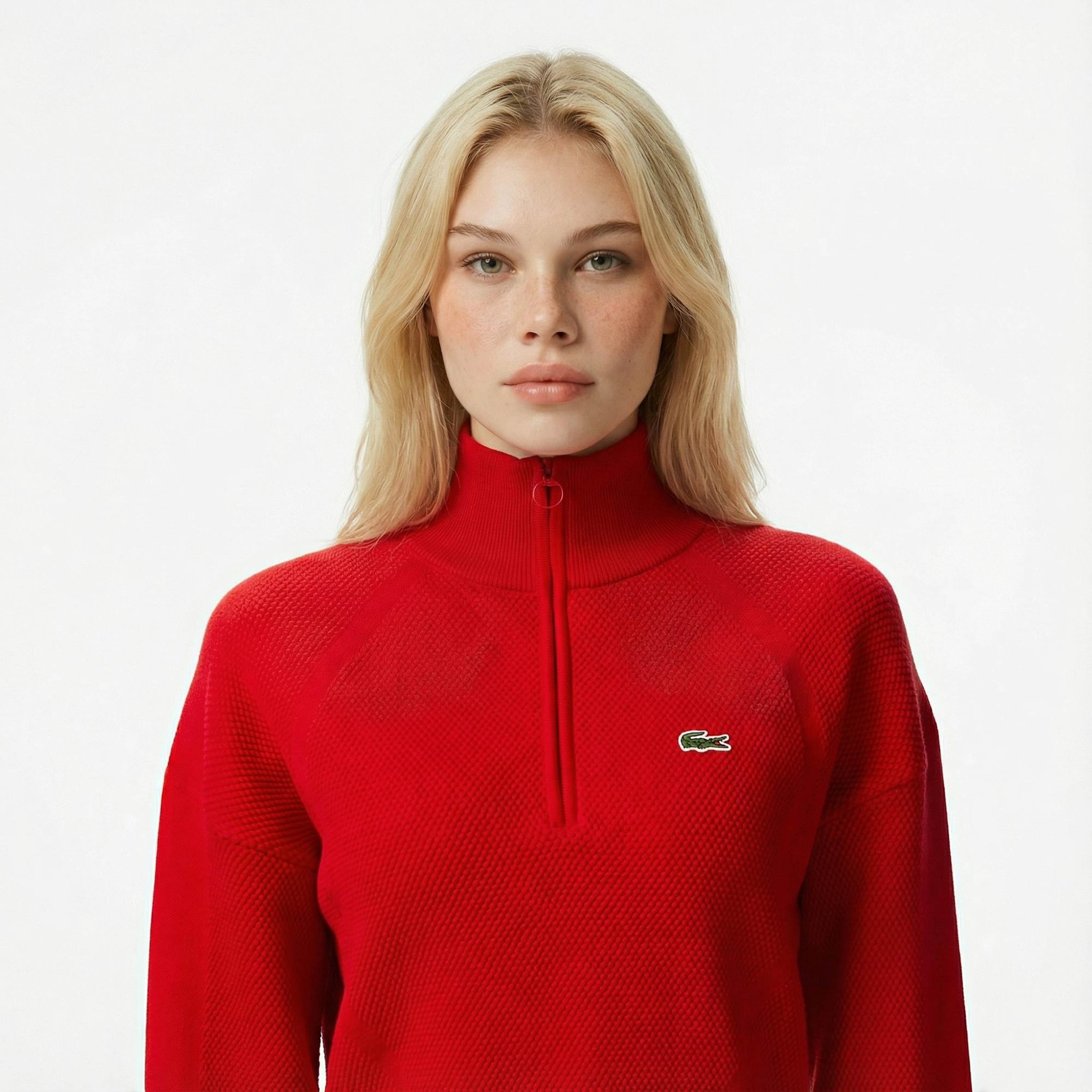 Lacoste Kadın Relaxed Fit Yarım Fermuarlı Kırmızı Kazak